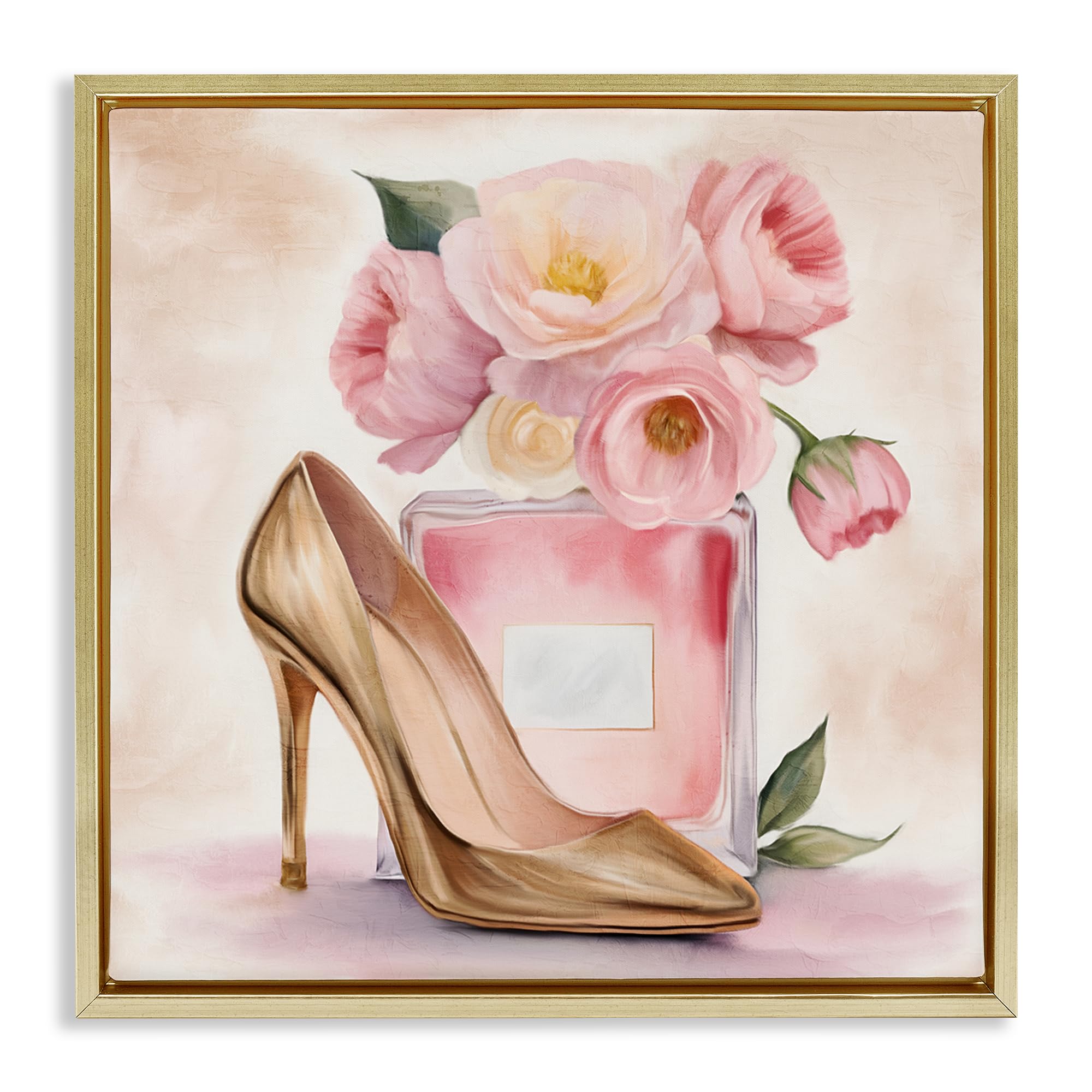 Stupell Industries Metallic Gold (Matte) 'Pink Beauty Heel & Flowers'| Floating Frame Canvas Art