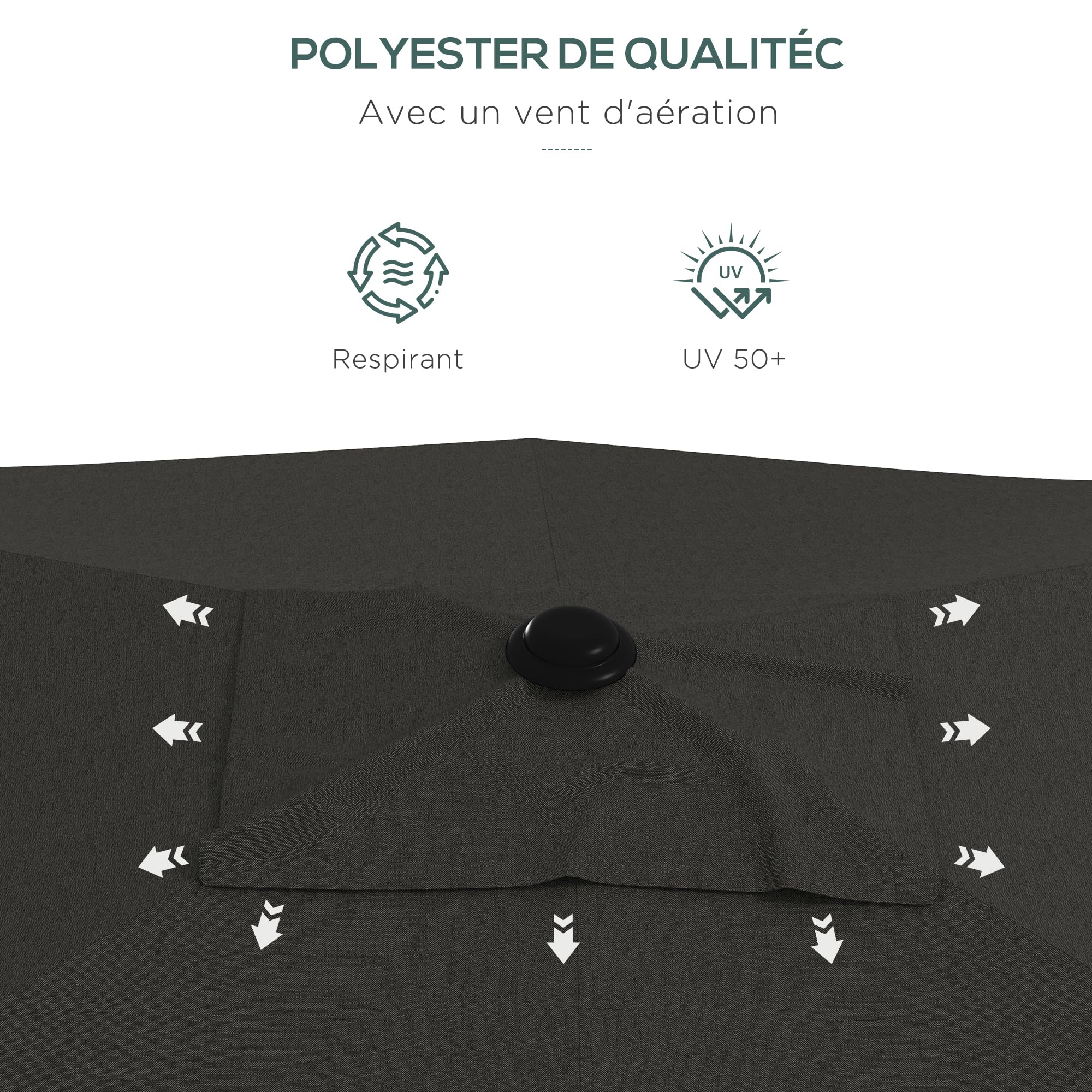 Outsunny Parasol de jardin Parasol droit rectangulaire inclinable 2 x 3 m avec manivelle toile polyester imperméabilisée haute densité 180 g/m² gris foncé