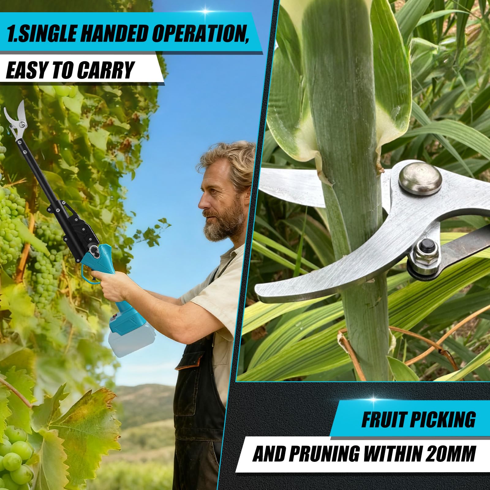 Tijeras de podar con batería de 50 cm de largo, compatible con batería Makita de 18 V (sin batería), recogedor de frutas eléctrico sin escobillas con diámetro de corte de 25 mm y piedra de afilar