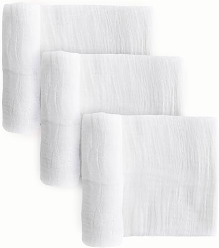 Little Unicorn Juego de 3 mantas de muselina de algodón blanco  Juego de 3  100% algodón  Supersuave  Recién nacidos y bebés  Grande 47 x 47