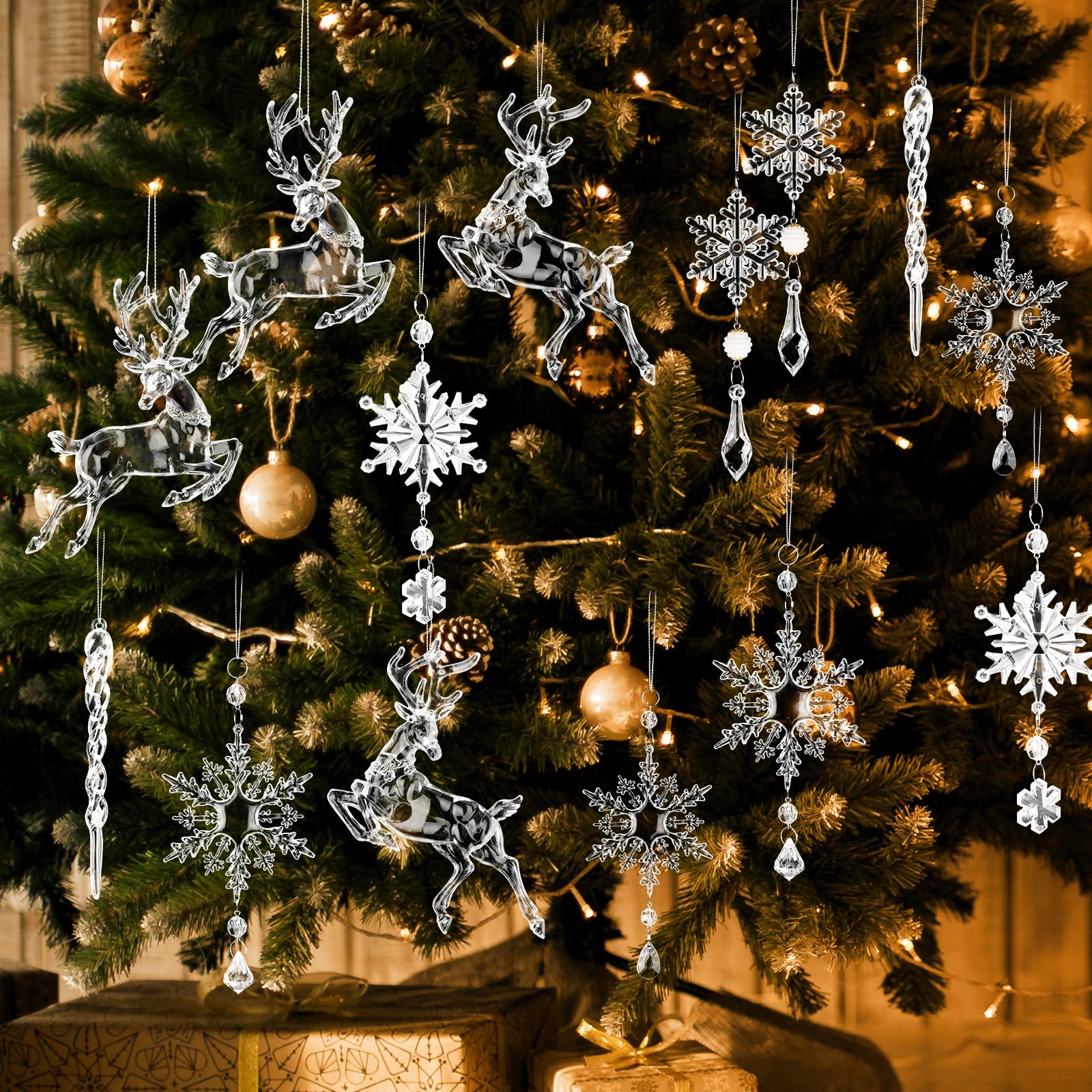 Menkxi Adornos de cristal de Navidad, adornos de Navidad acrílicos para decoración de árbol, copos de nieve transparentes, diferentes tamaños, carámbanos, ciervos para colgar en Navidad, invierno, al