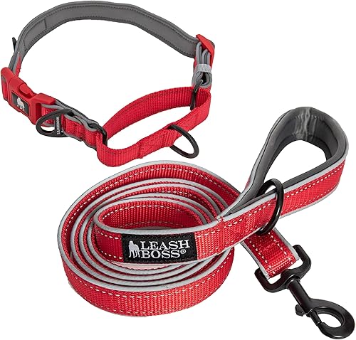 Miniatura 1 de Leashboss - Collar Martingale reflectante y correa de 6 pies con asa acolchada cuello pequeño de 12 a 15 pulgadas color rojo