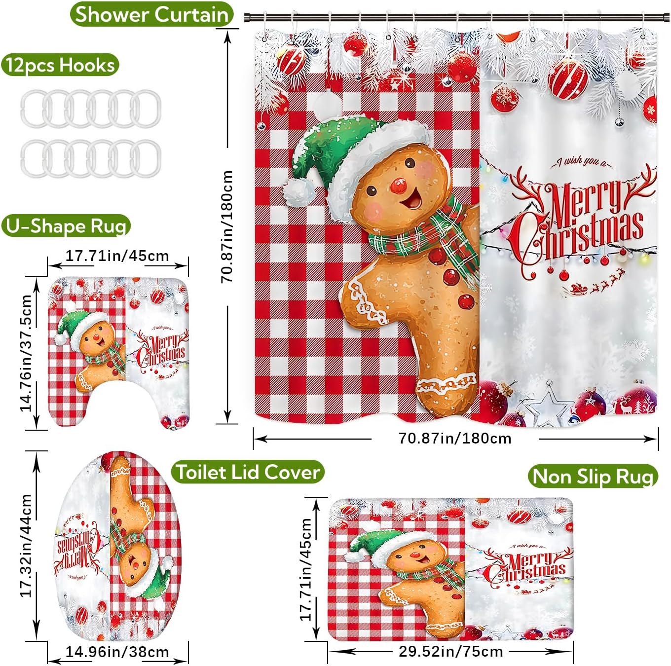 Christmas Shower Curtain Sets for Bathroom, 4Pcs Xmas Shower Curtain/Non-Slip Bathroom Rugs/Lid Toilet Cover/Bath Mat, Funny Santa Claus Elk Snowman Decor (Funny Gingerbread Man)