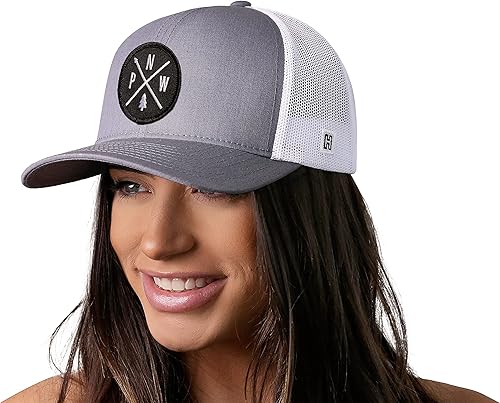 Miniatura 10 de HAKA PNW Sombrero  Pacific Northwest Trucker Mesh Snapback Gorra de béisbol (grisnegro), Parche negro - Sombrero gris y negro