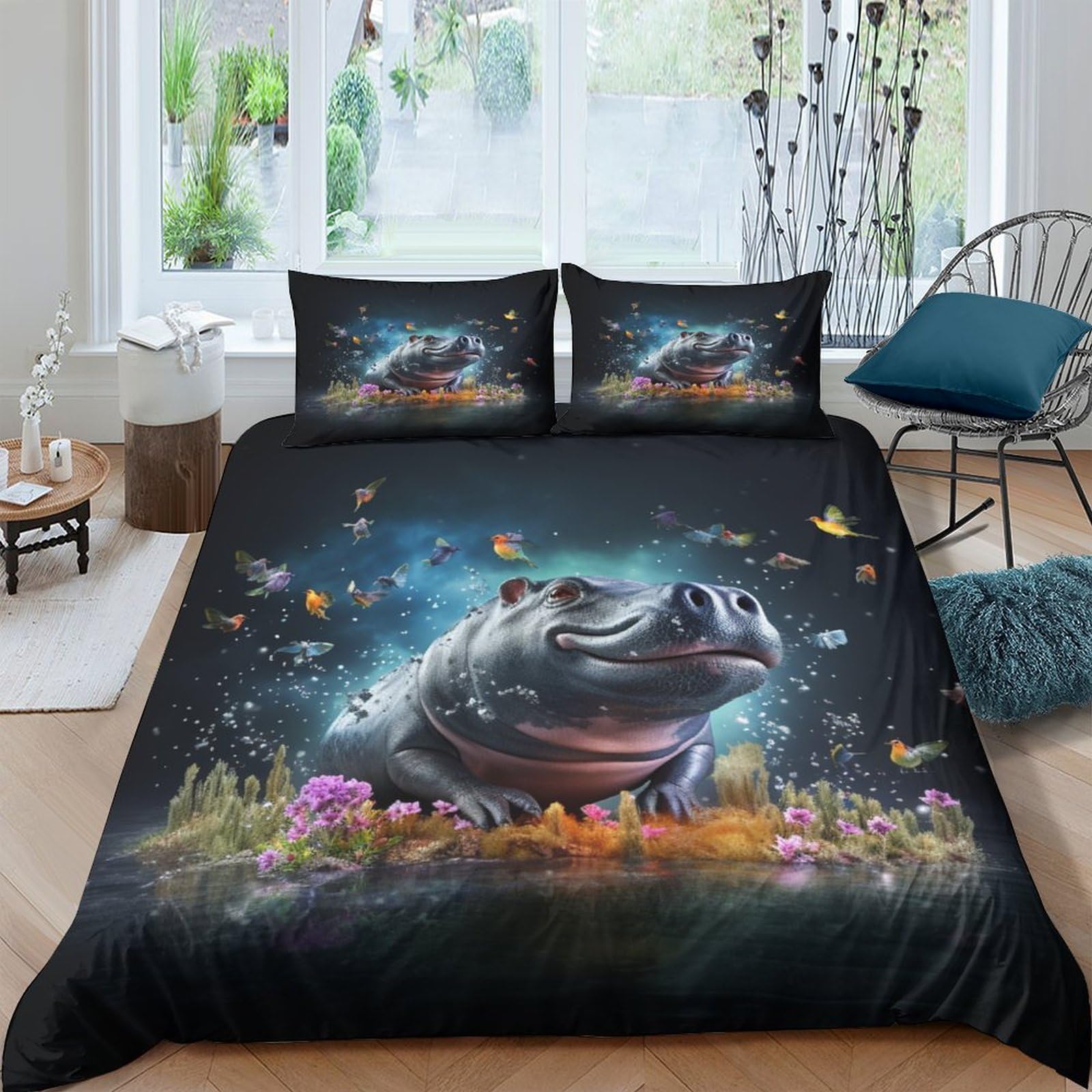 Housse de couette 220x240 hippopotame avec 2 taies d'oreiller