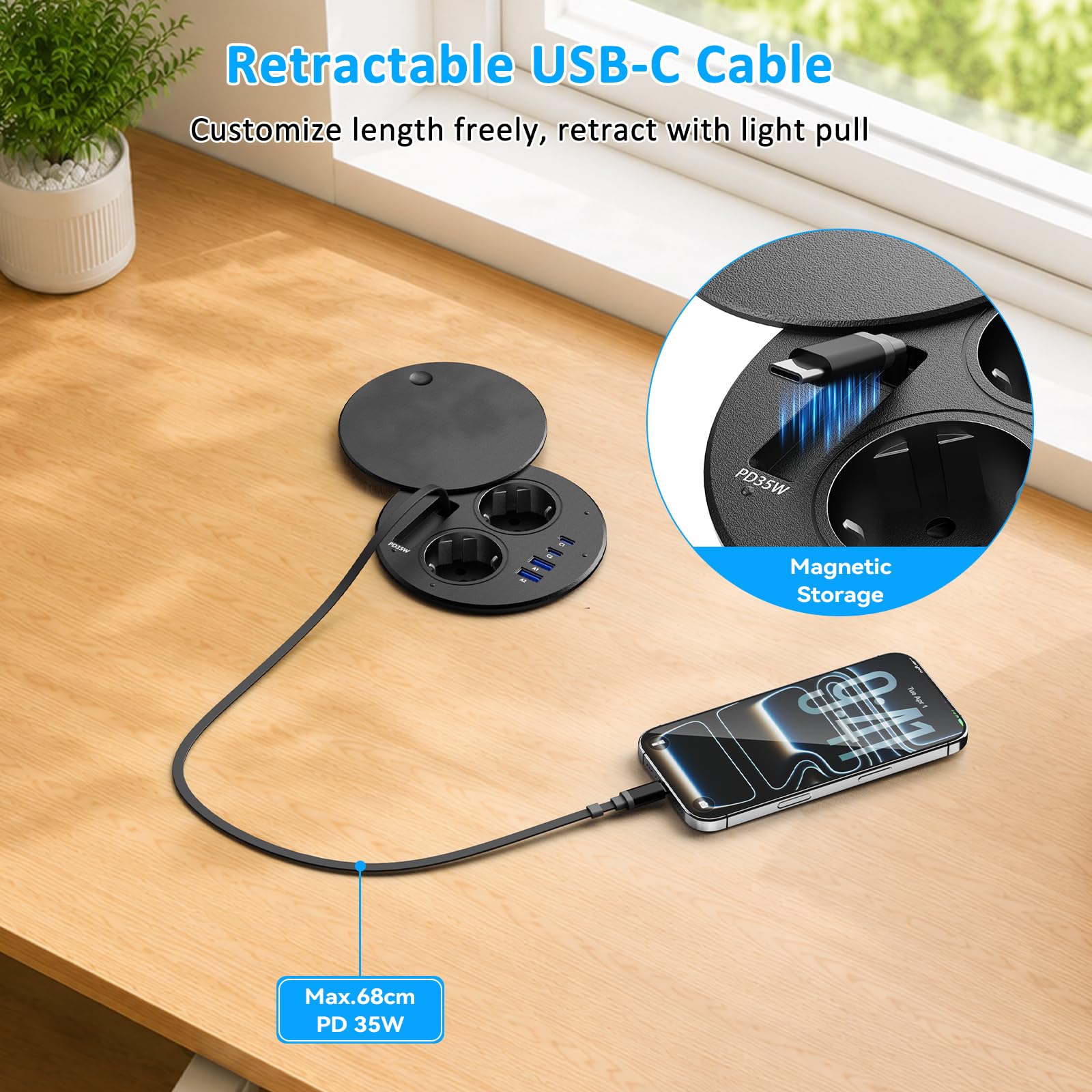 Toma empotrable encimera con USB C PD 35 W, multitoma empotrable de escritorio con tapa, bloque de enchufe escalable con cable de 1,8 m para cocina, oficina muebles