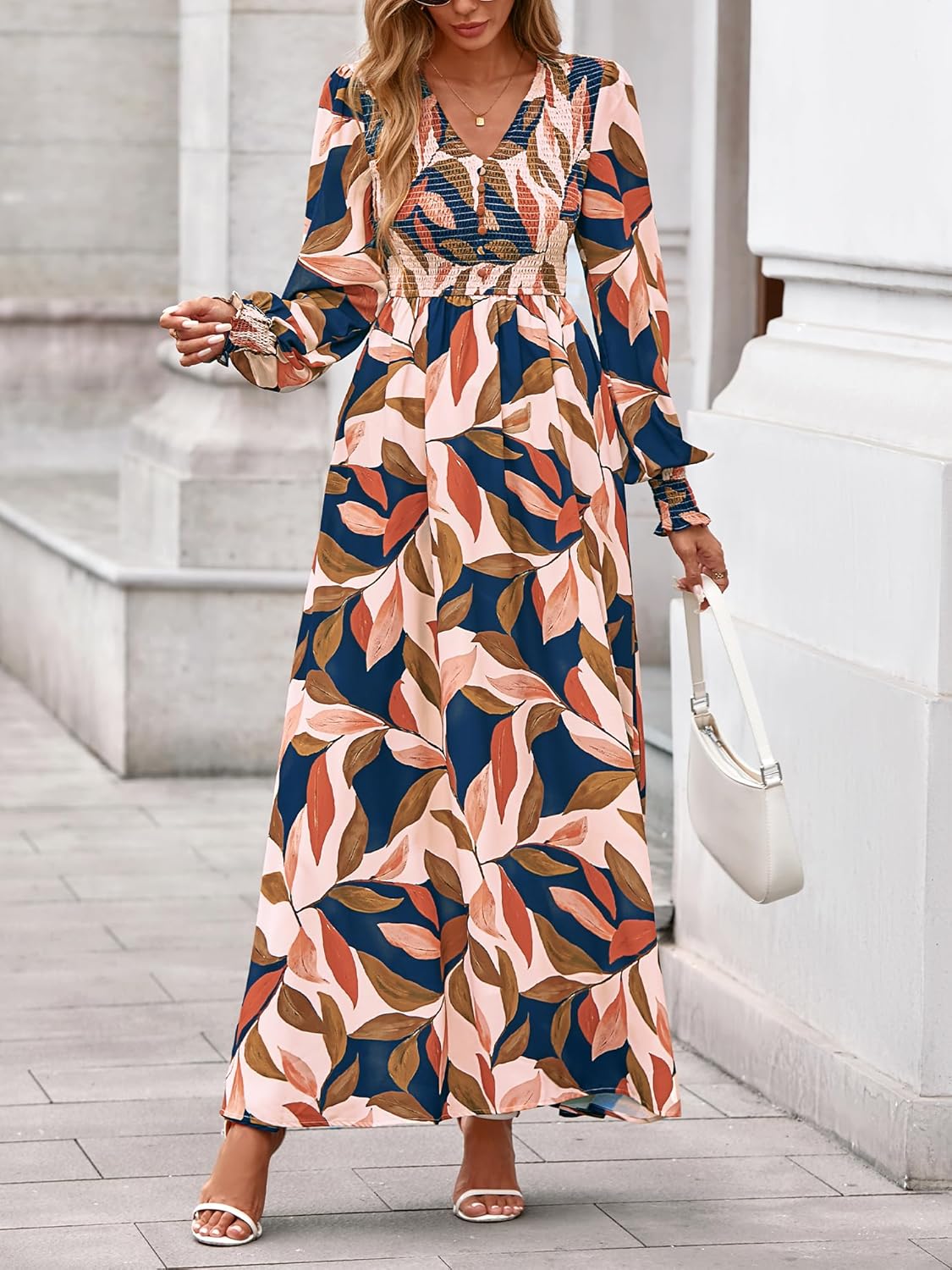 BTFBM Women Spring Wedding Guest Maxi Dresses 2026 Floral V Neck Long Sleeve Boho Long Dress Vacation - Image 4