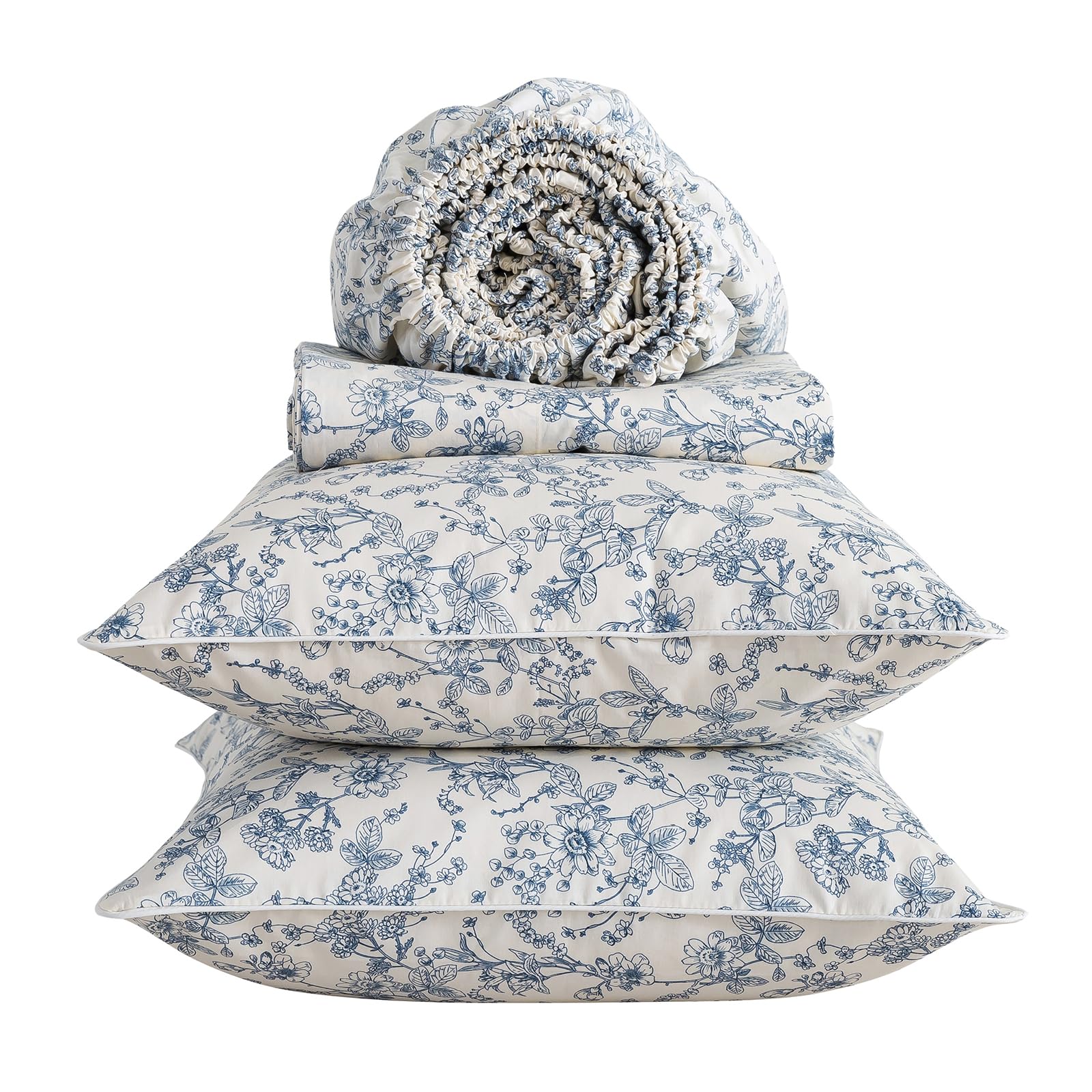 Vintage Floral Percale Sheets Full Size, Deep Pocket, White &amp; Blue | 100% Cotton Botanical Print Sheet Set, French Country Toile Bed Sheets, Luxury Cottage Bedding, Farmhouse, Soft Crisp, 4Pcs