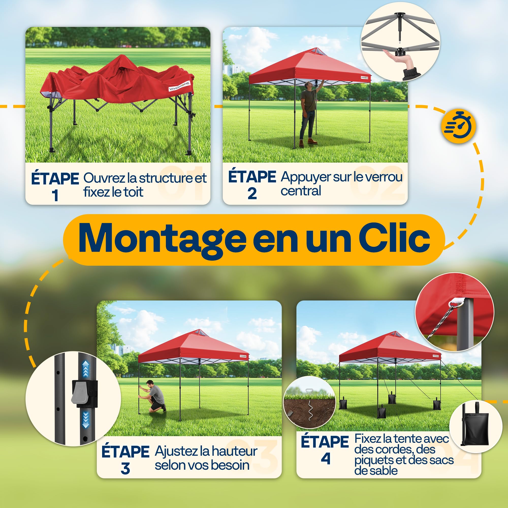 VIVOHOME Tente Pop-up Tonnelle 3 x 3 m Installation par Simple Pression Robuste avec Sac De Transport À roulettes Et 4 Sacs De Sable