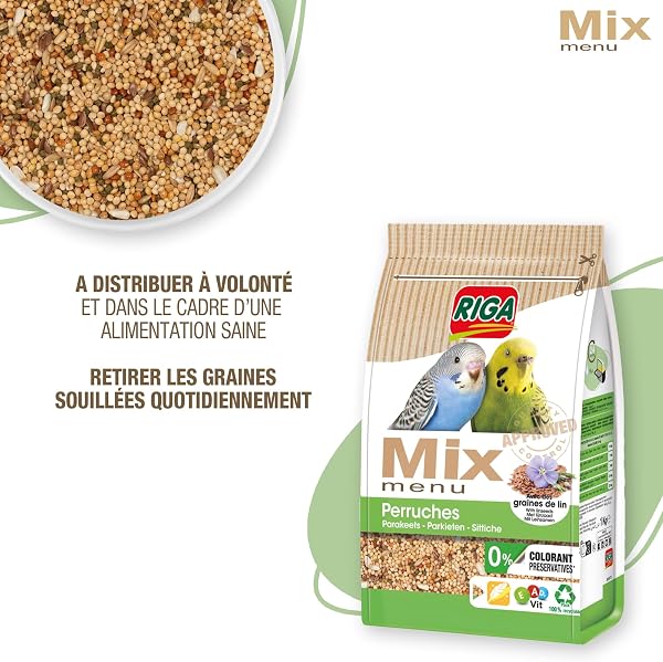 Riga - Menu Mix pour Perruches - Mix Vitaminé - Nourriture pour Oiseaux - Graines Et Céréales - Vitamines Et Minéraux - Brillance Plumage - sans Colorant, Ni Conservateurs - Sain Et Équilibré - 1 kg - 4