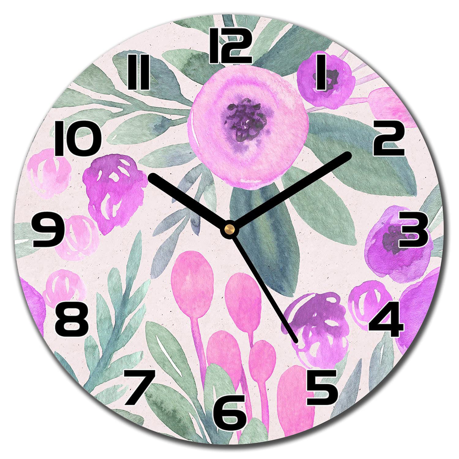 Horloge en verre murale aiguilles noires deco salon et cuisine fleurs 30cm