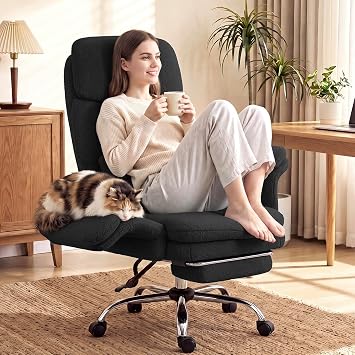 Big and Tall Office Chair, Flip Armrests for Pets & Cross Legged Sitting, Wide Seat Ergonomic Reclining Chair with Footrest & Lumbar Pillow, Teddy Fleece Desk Chair