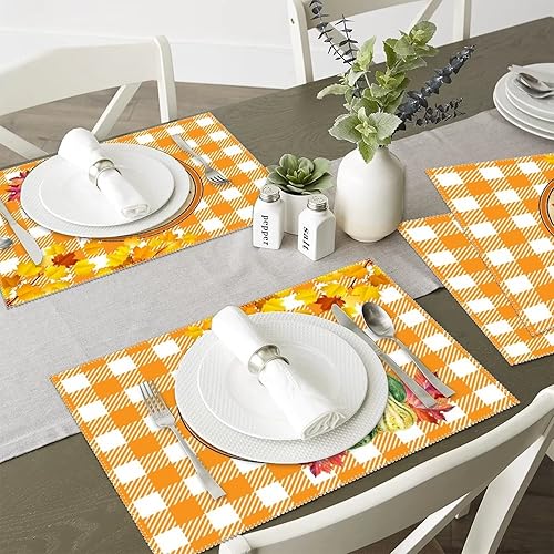 Miniatura 4 de Juego de 4 manteles individuales rústicos con texto en inglés "Hello Autumn Love Fall Y'all", manteles individuales reversibles antideslizantes para