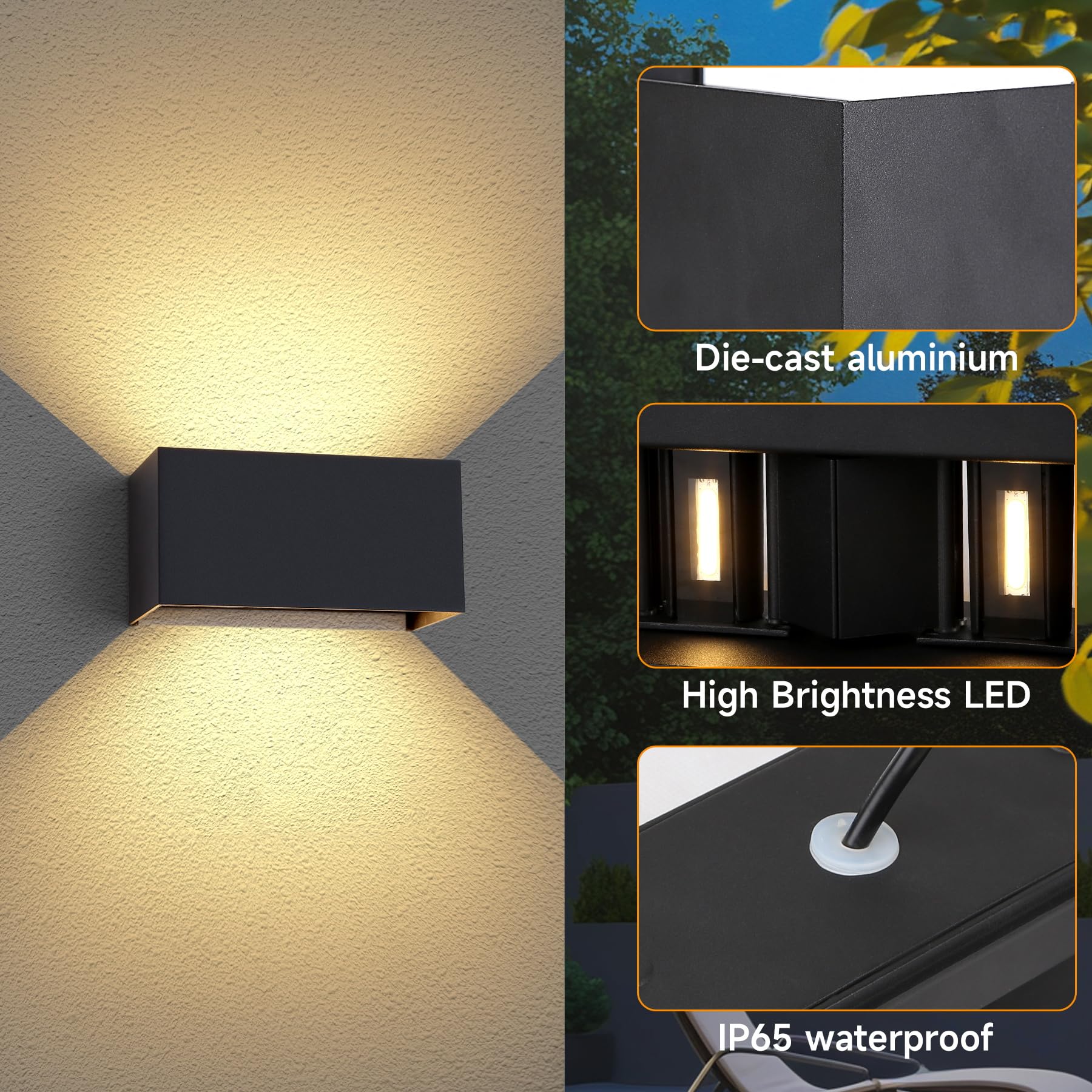 CHENBEN Aplique pared Exterior 24W,Lampara Exterior LED Impermeable IP65,Lámpara de Pared Exterior/Interior 3000K Ángulo Ajustable, Aplique Pared Interior para Jardín,Terraza,Balcón-2PCS
