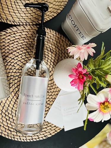 Paquete de 2 dispensadores de jarabe de café de vidrio de 25.4 fl oz para barra de café, bar en casa, antiadherentes, etiquetas impermeables, bomba