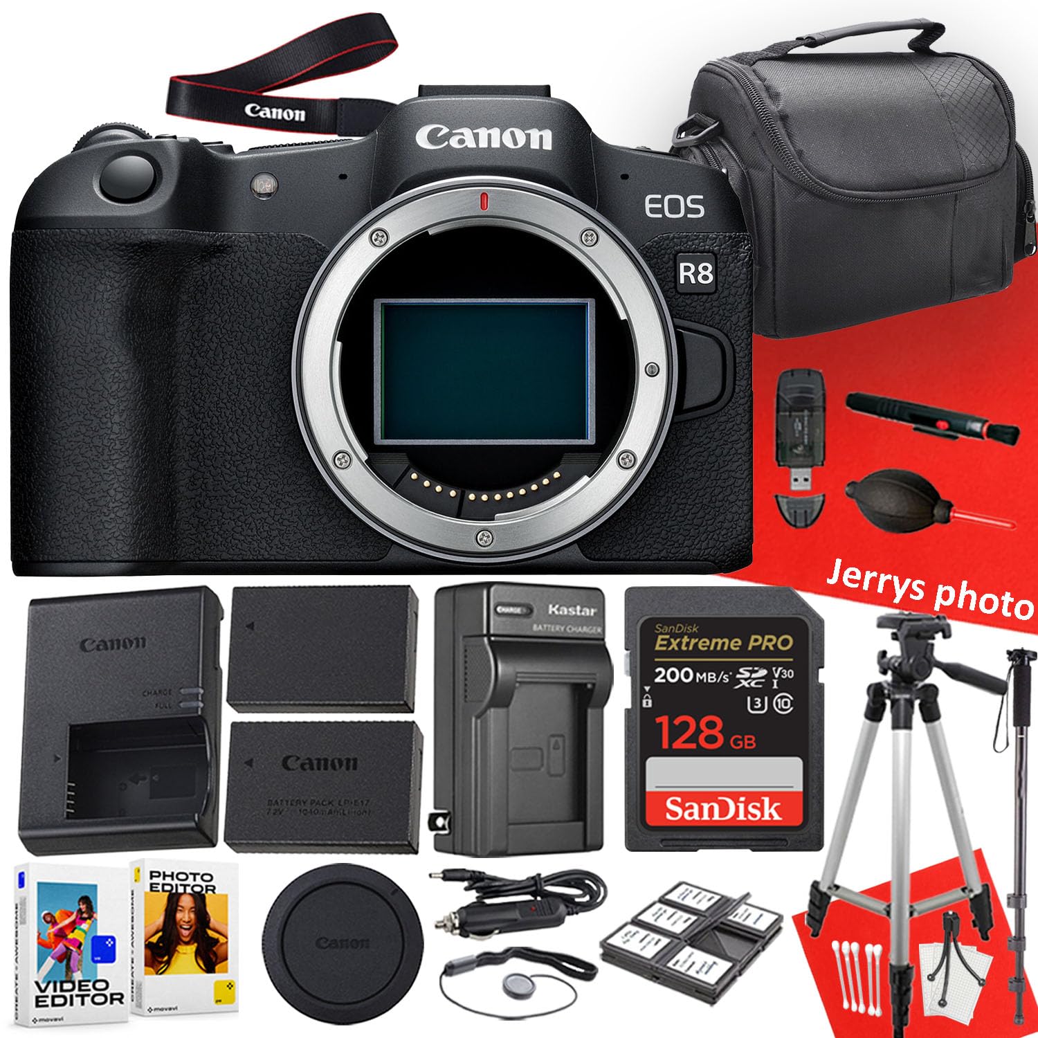 Canon EOS R8 Mirrorless Camera (Body Only) + 128 GB Memory + Tripod + Monopod + Extra Battery + More (19pc Bundle) (Renewed), Black
