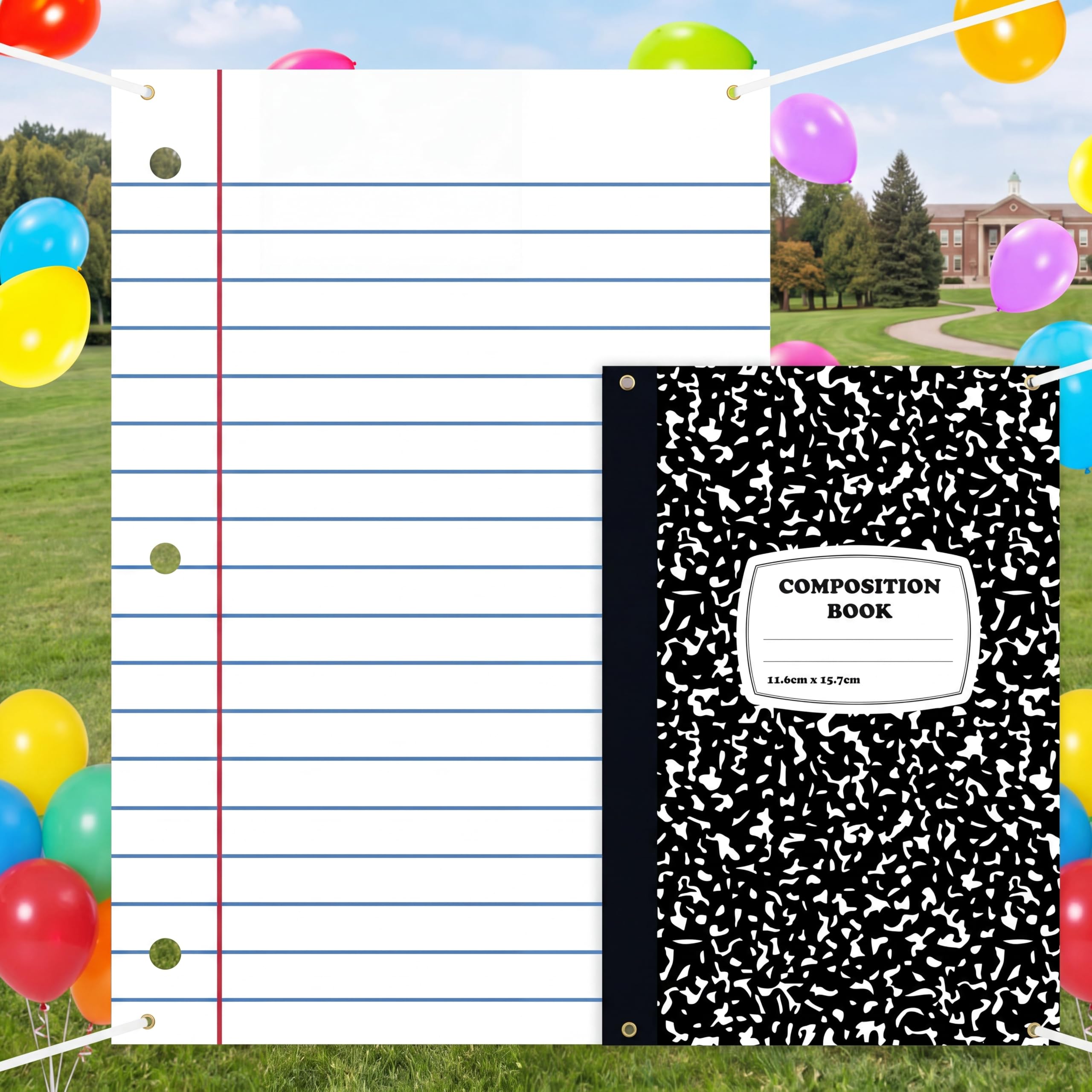 Photo 1 of ForraFun 2 Pcs Back to School Backdrop Decorations, 3.2x2.3 ft Composition Notebook & 6.5x4.4 ft Notebook Paper First Day of School Background Kindergarten Photo Booth for Classroom Birthday Decor