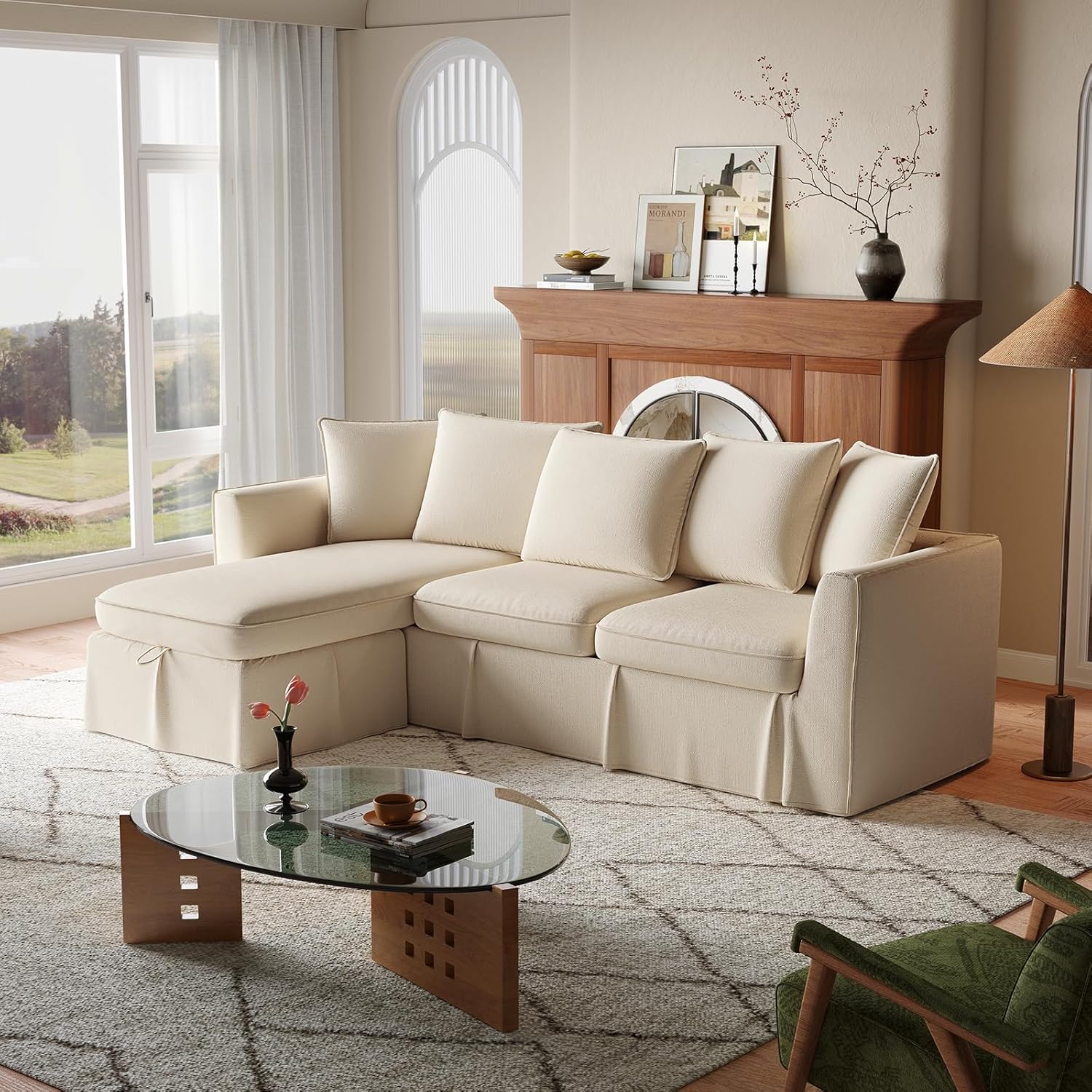 ONBRILL L Shaped Couch, L Shaped Sofa with Convertible Chaise, Small Slipcovered Sectional Couch w/Storage Ottoman, Washable Chenille Fabric, Comfy L Couche for Living Room, Office, Apartment, Beige