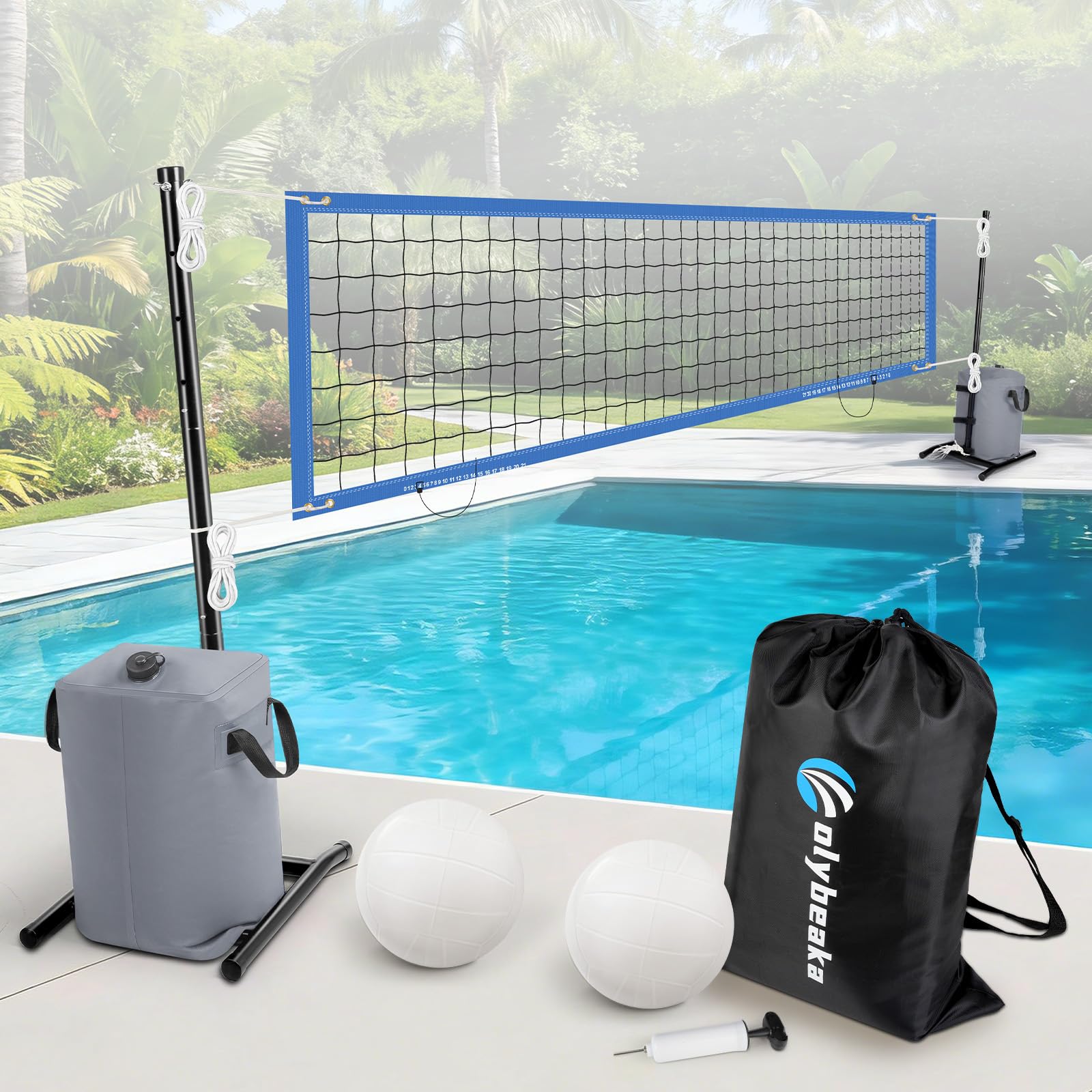 Photo 1 of Swimming Pool Volleyball Net Set for Adults and Family | Max 30ft & 4-Height Adjustable | Angled Tension Poles + 2 Water-Filled Bags for Superior Stability | Pool Volleyballs + Storage Bag (Gray)