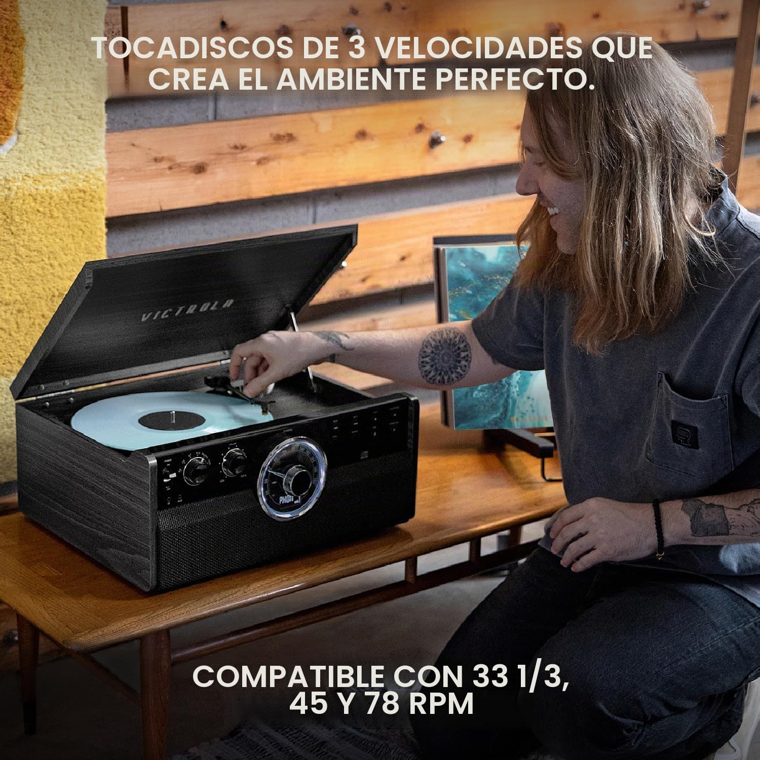 Victrola Empire – Tocadiscos Mid-Century 6 en 1 con Bluetooth, Radio, Casete, CD, Altavoces Integrados, Salida RCA y Entrada Auriculares (Nogal Farmhouse)