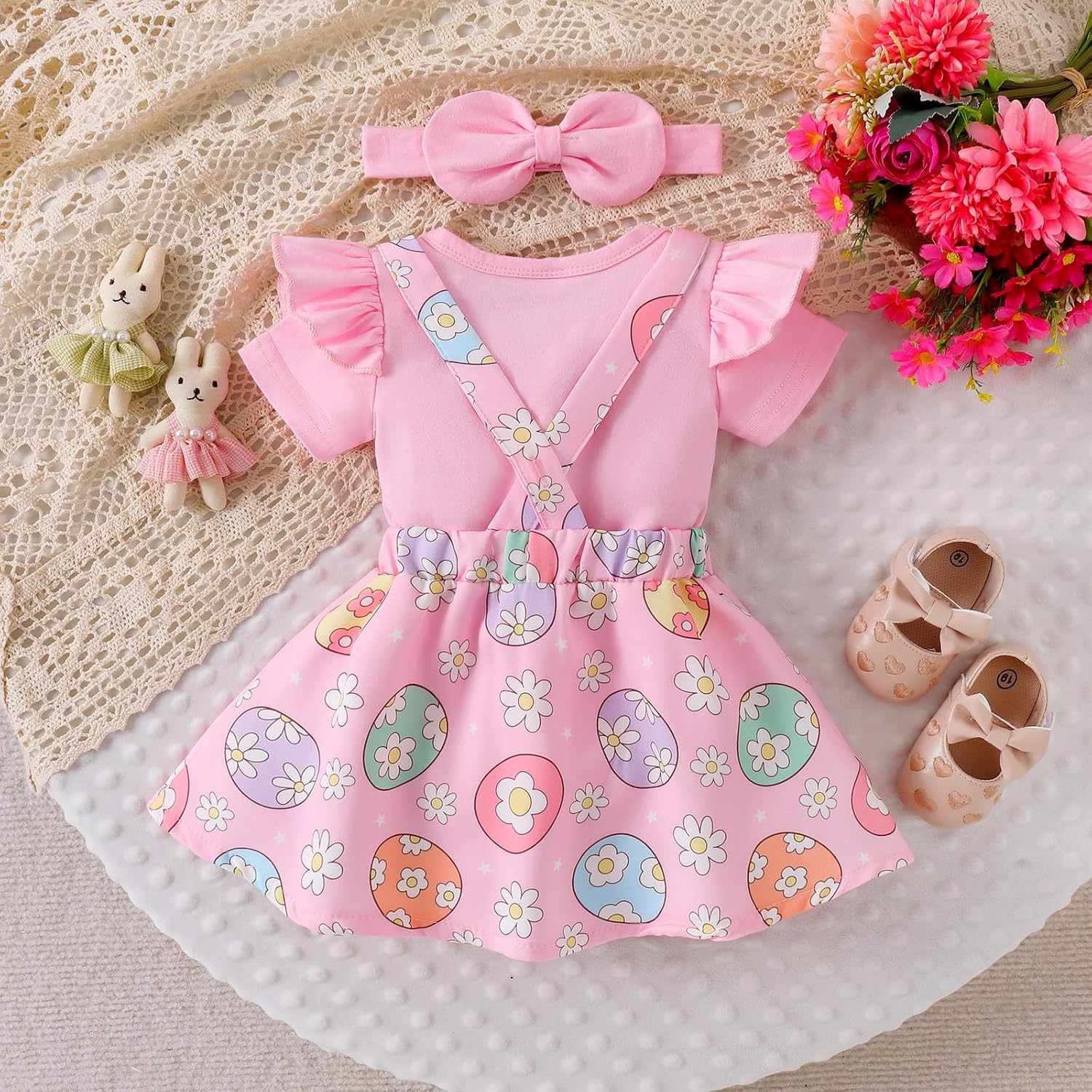Baby Girl Easter Outfit Easter Egg Outfits Bunny Dress Ruffle Cute Bunny Romper Suspender Skirt Headband 0-18 Months