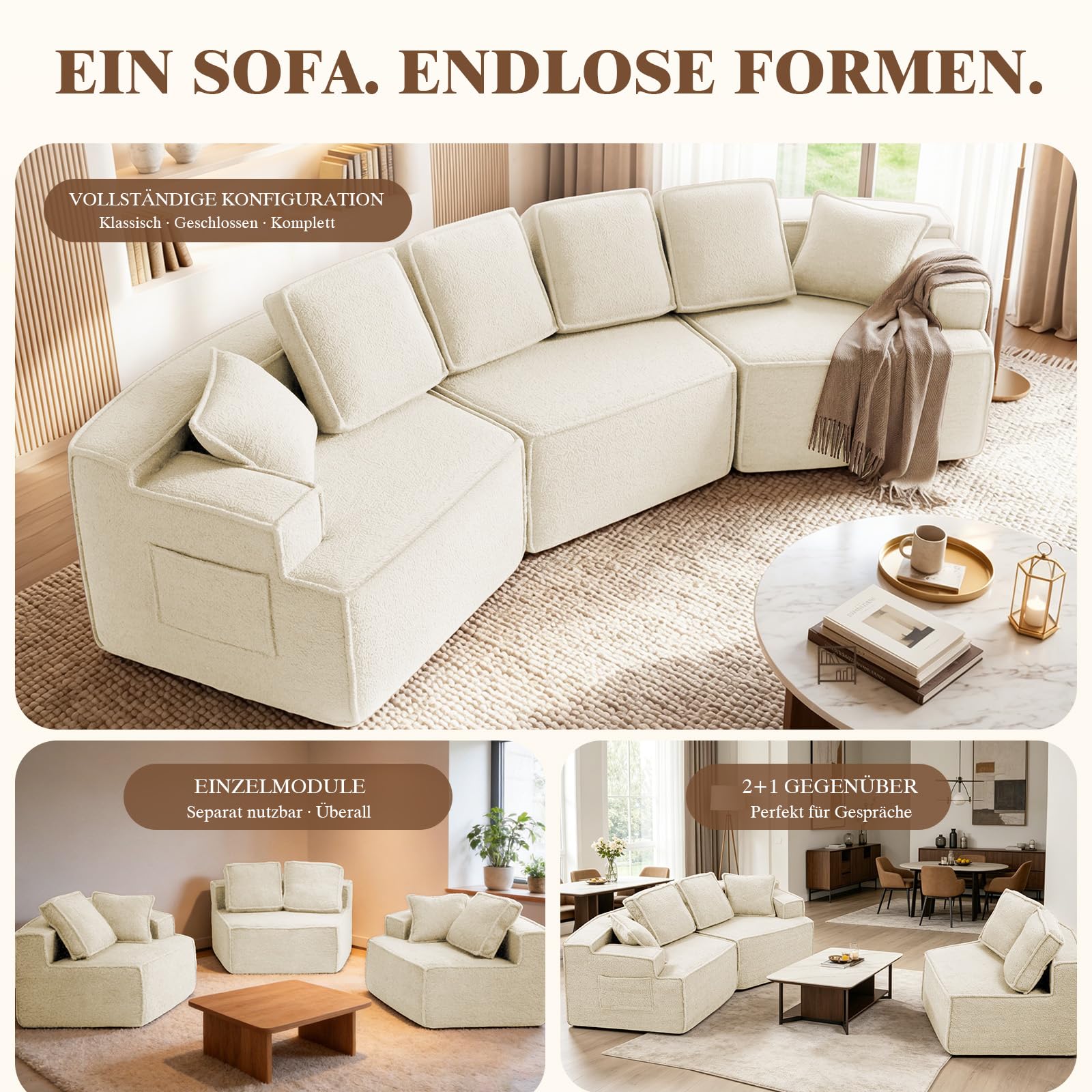 COMHOMA Sofa, modulares Schlafsofa, Polstersofa, 3-Sitzer Sofa, Flexible Sektionscouch,mit Aufbewahrungstasche, Couch mit schlaffunktion, Keine Montage erforderlich, Sherpa-Kunstfell-Bezug, Beige
