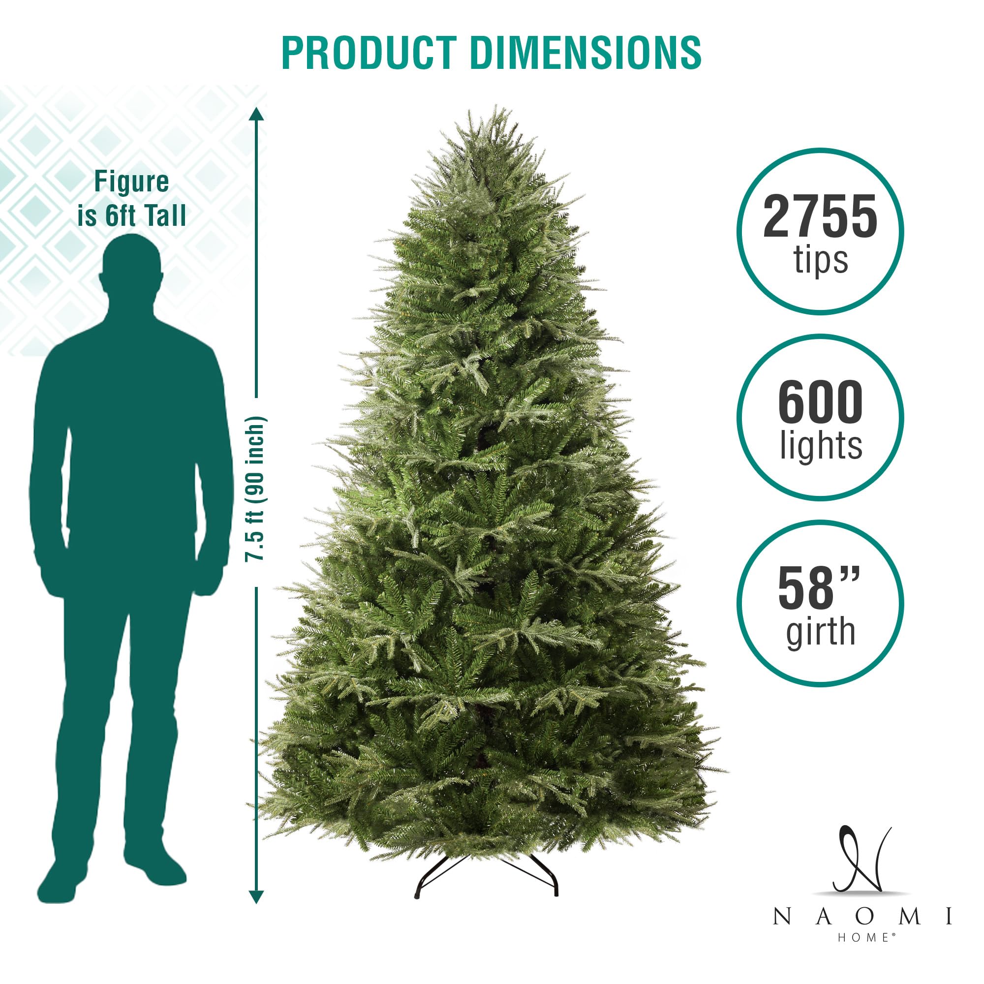 Naomi Home 7 5ft Christmas Tree with Lights Realistic Christmas Tree Prelit with Hinged Design Foot Pedal 2755 Branch Tips 600 Warm Lights and Metal Stand Aritificial