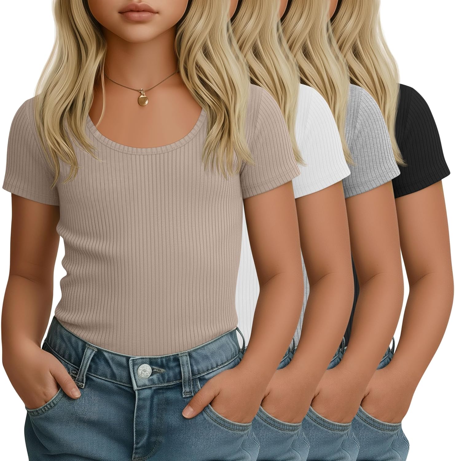 4 Pack Girls' T-Shirts Short Sleeve Ribbed Knit Tops Soft Slim Fit Scoop Neck Summer Athletic Basic Tees 5-14 Years
