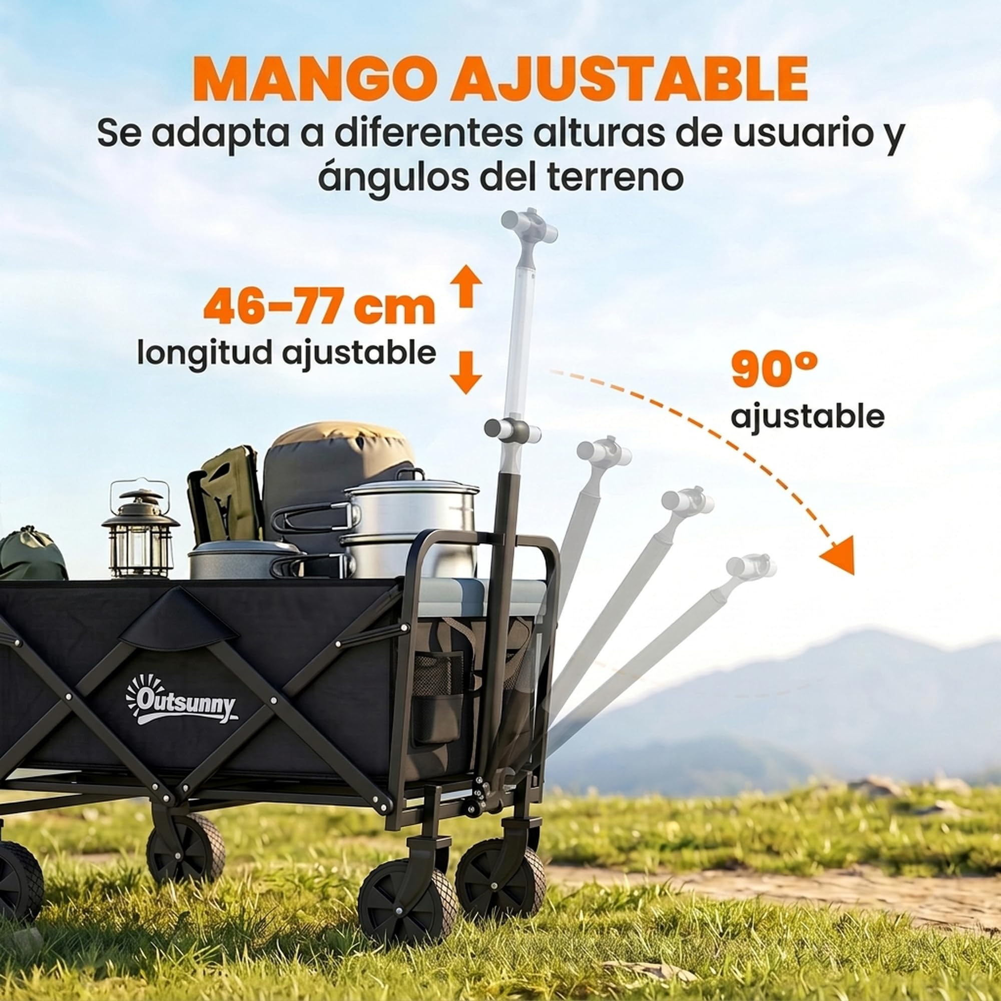 Outsunny Carro Plegable con Ruedas Grandes Carro Jardín Plegable Negro | 4 Ruedas, Longitud y Ángulo Mango Ajustables, Tela Oxford Resistente, Capacidad 70 L, Carga 80 kg, para Compra Campaña