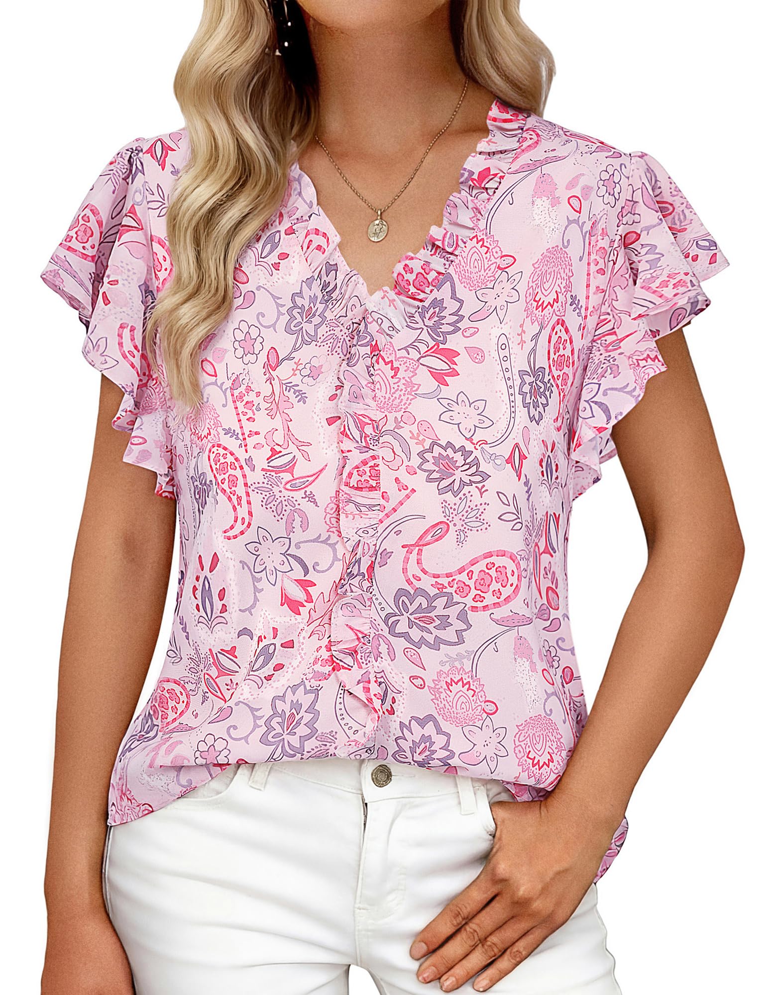 GRACE KARIN 2026 Boho Tops for Women Dressy Casual,Ruffle Sleeve Chiffon Blouses,V Neck Summer Fashion Clothes Pink XXL