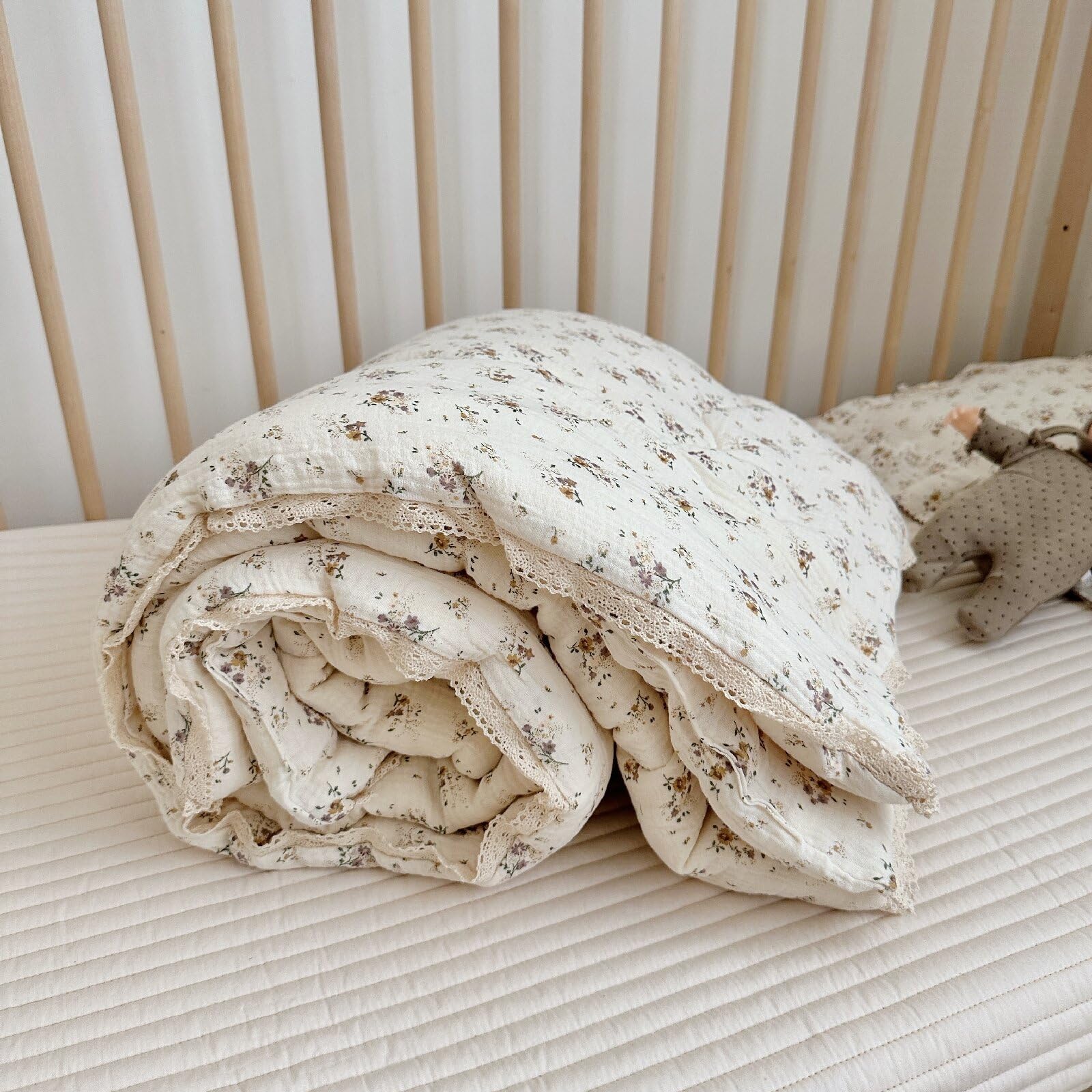 BuLuTu Muslin Baby Quilt for Girls Boys Quilted Blanket 2 Layers Gauze Cotton Baby Blanket Nursery Bed Blanket Shower Gift for Toddler Newborn, Crapemyrtle Pattern, 47"x59"