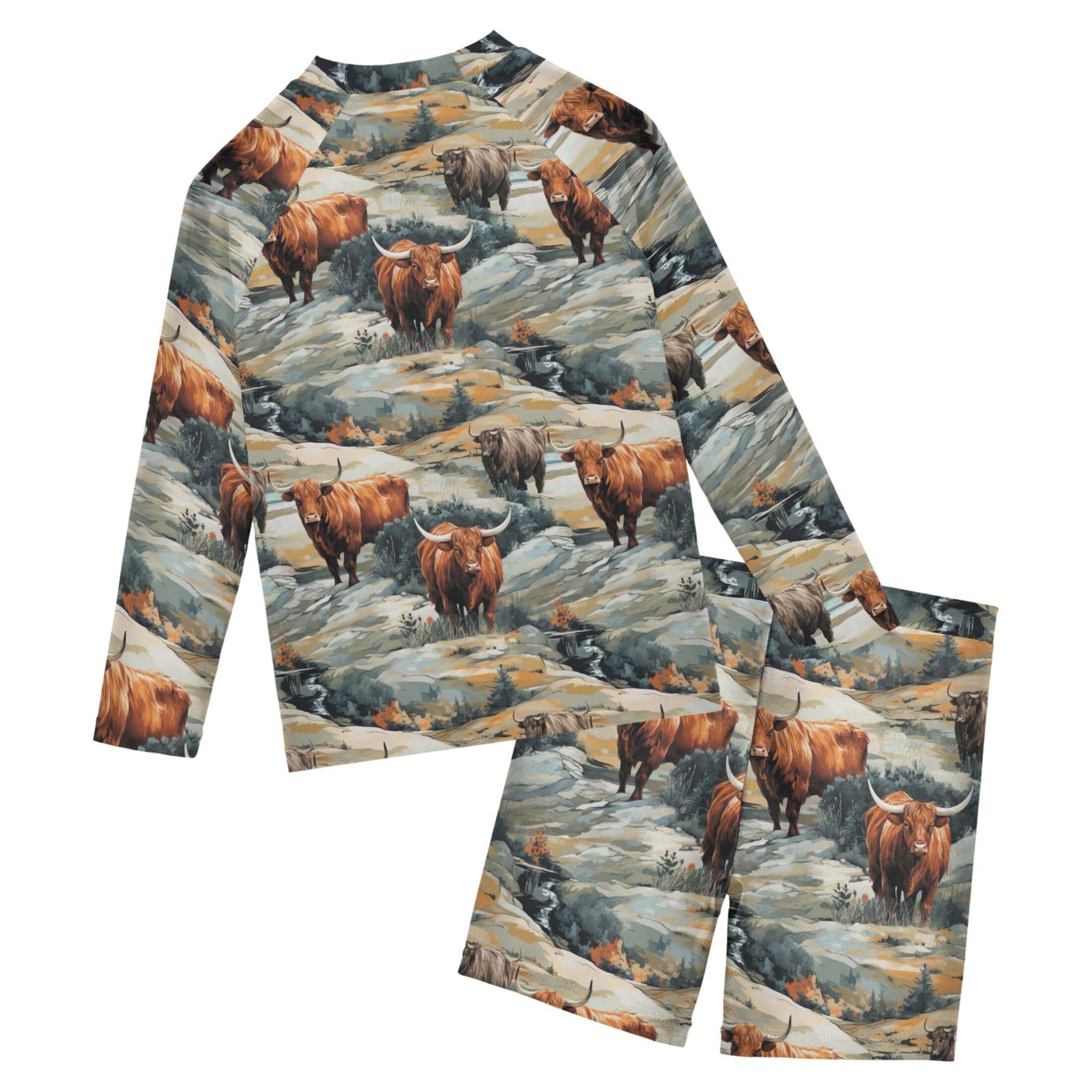 Highland Cow Animal Toddler and Baby Boys' 2-Piece Swimsuit Trunk, Long Sleeve Rashguard Bathing Suit B0403028