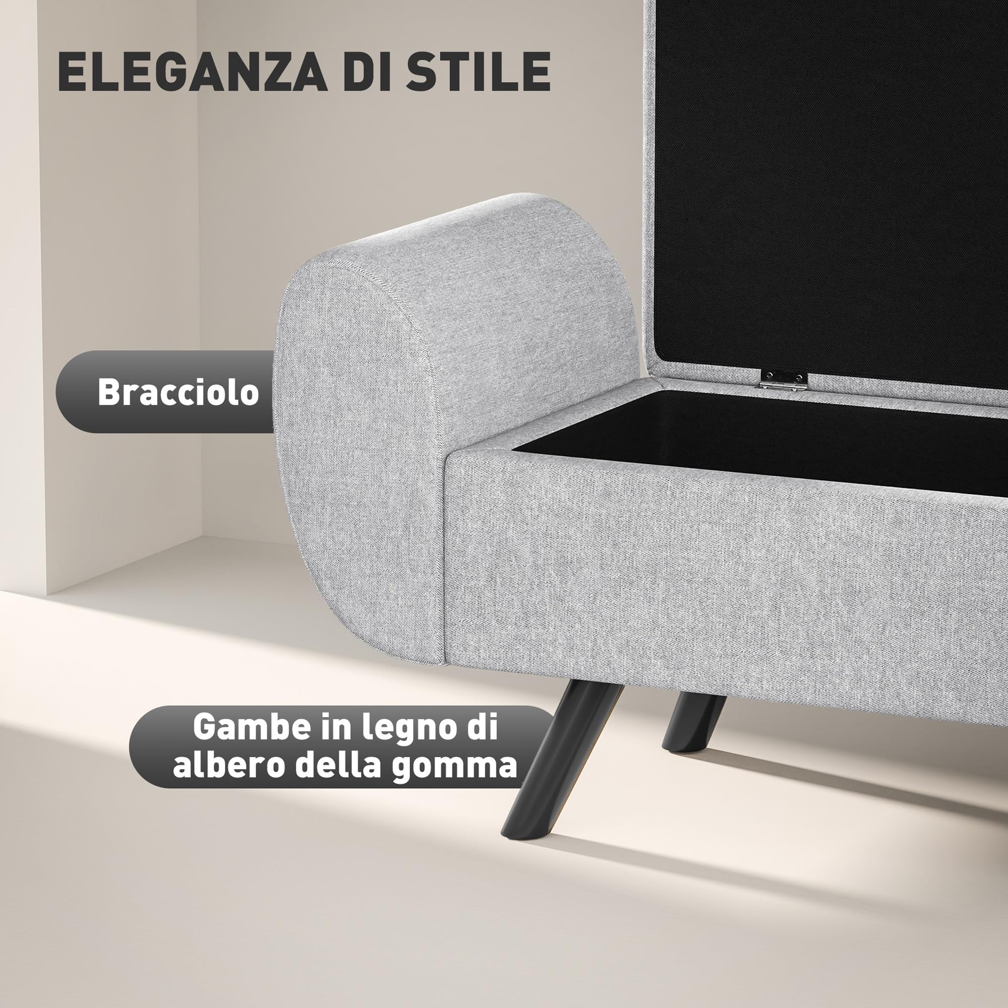 HOMCOM Panca Contenitore Fondo Letto con Braccioli, Pouf in Tessuto con Gambe in Legno e Vano da 53.8L, per Camera e Salotto, 132x42x50 cm, Grigio