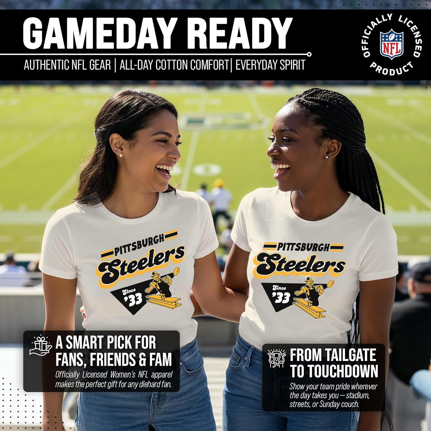 Team Fan Apparel NFL Womens Vintage Charm Tag-Less Soft T-Shirt, Ladies Football Tee, Officially Licensed