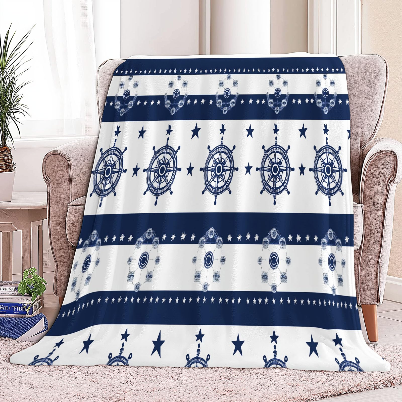 Flanelowy koc paski żeglarskie Symbole morskie 150 x 200 cm Koce polarowe z mikrofibry na wszystkie pory roku na podróż Sofa do podróży Łóżko Sofa Dzieci Dorośli, Biały