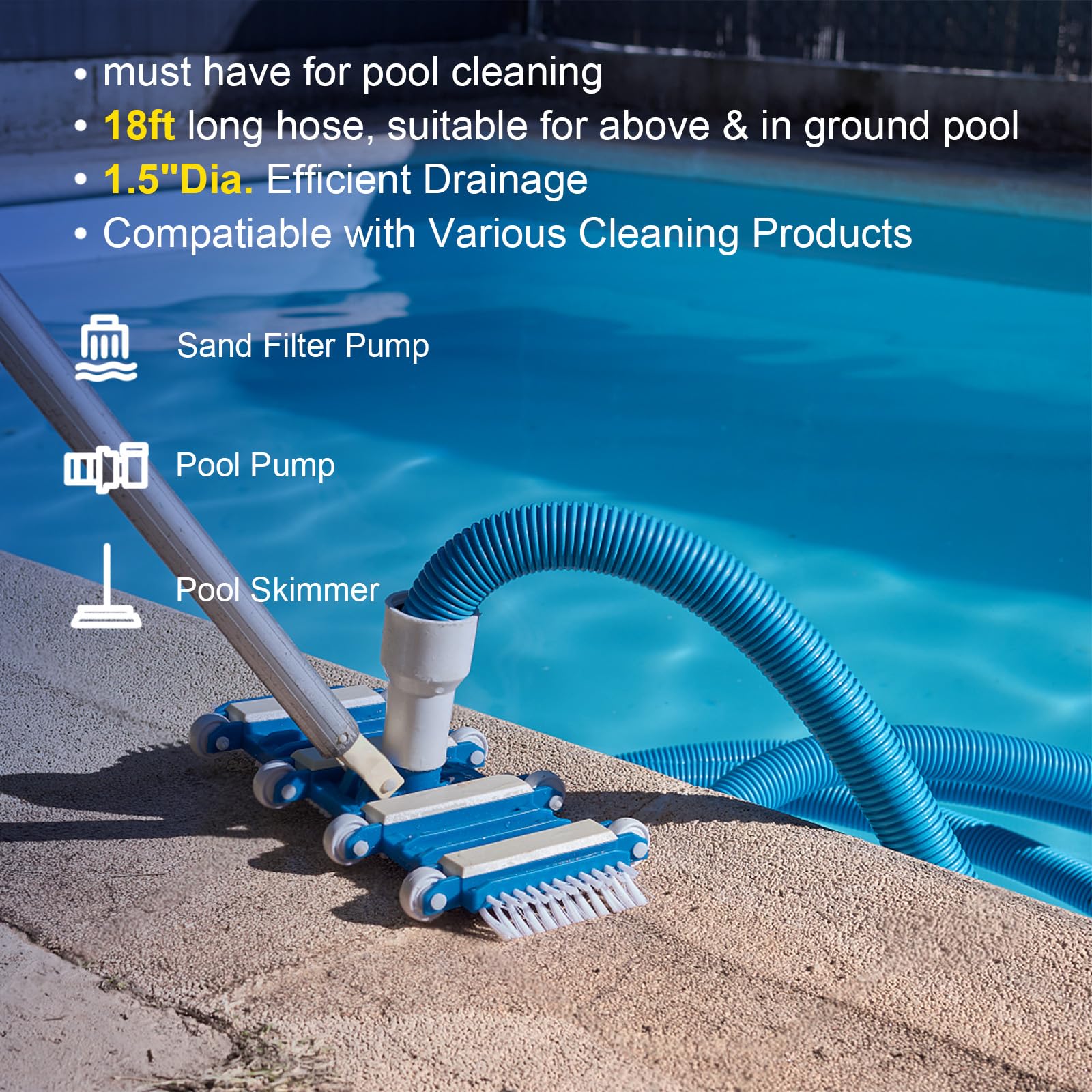 18FT Pool Vacuum Hose With Swivel Cuff 1-1/2