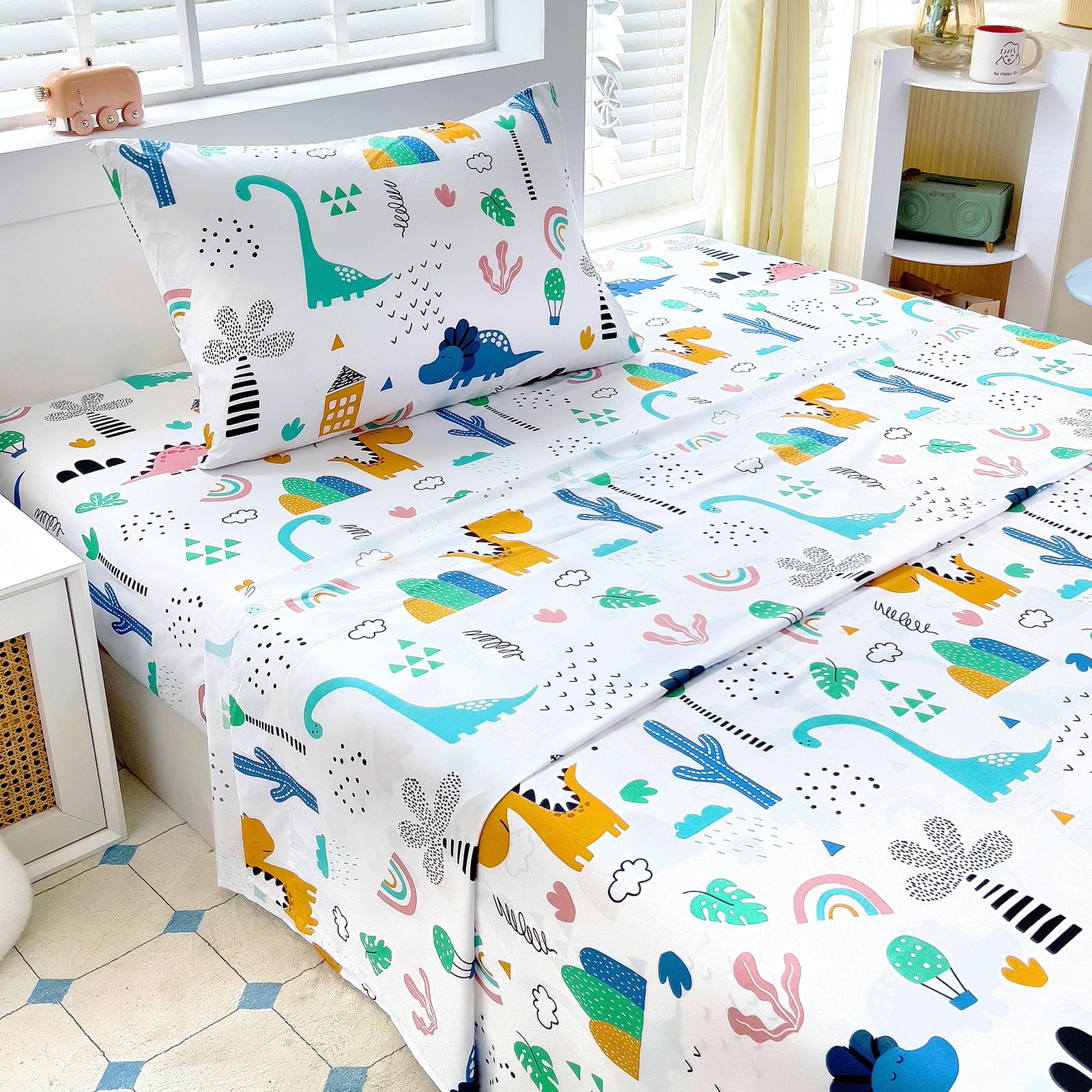 Twin Sheet Set Kids - Dinosaur 3 Pieces Soft Microfiber Cartoon Style Bedsheets for Boys Girls Teens, Oeko TEX Breathable 15 Inch Deep Pocket Sheets(Jurassic Period)