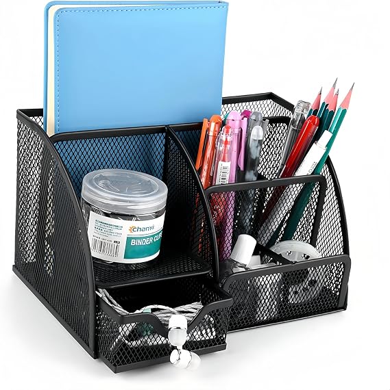 Mesh desk organiser, Versatile Stationery Storage Desktop Organiser Pen Holder with Drawer, Stationary Organiser for School Home Office desktop supplies (Black)