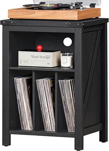 Soporte para tocadiscos con almacenamiento de discos de vinilo, mesa negra con capacidad para hasta 160 álbumes, soporte giratorio de madera grande