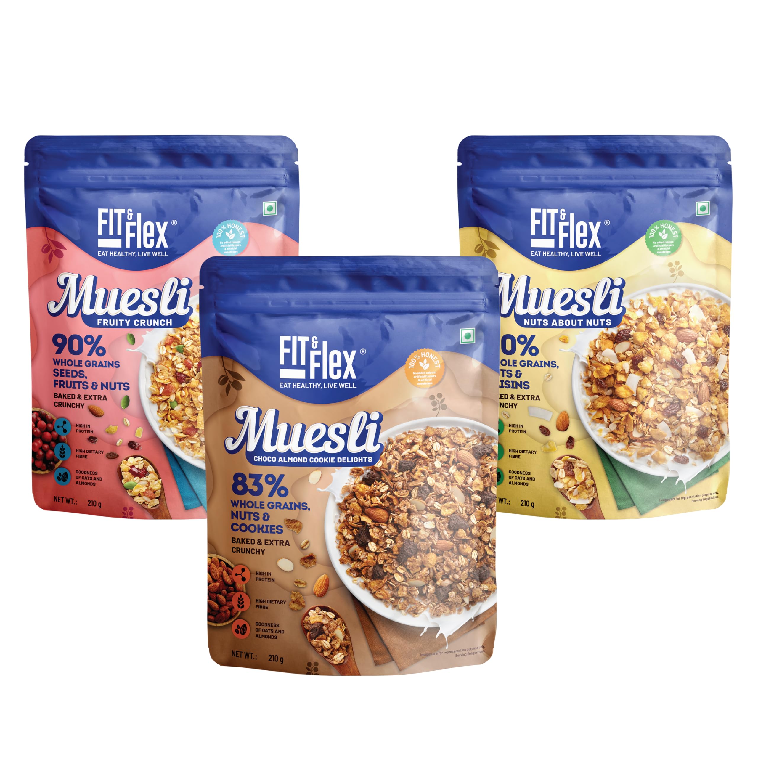 Fit & Flex Baked And Extra Crunchy Healthy Nuts About Nuts, Choco Almond, Fruity Crunch Muesli - As Seen on Shark Tank India - High In Protein - (Each 210gm) - Combo Pack Of 3