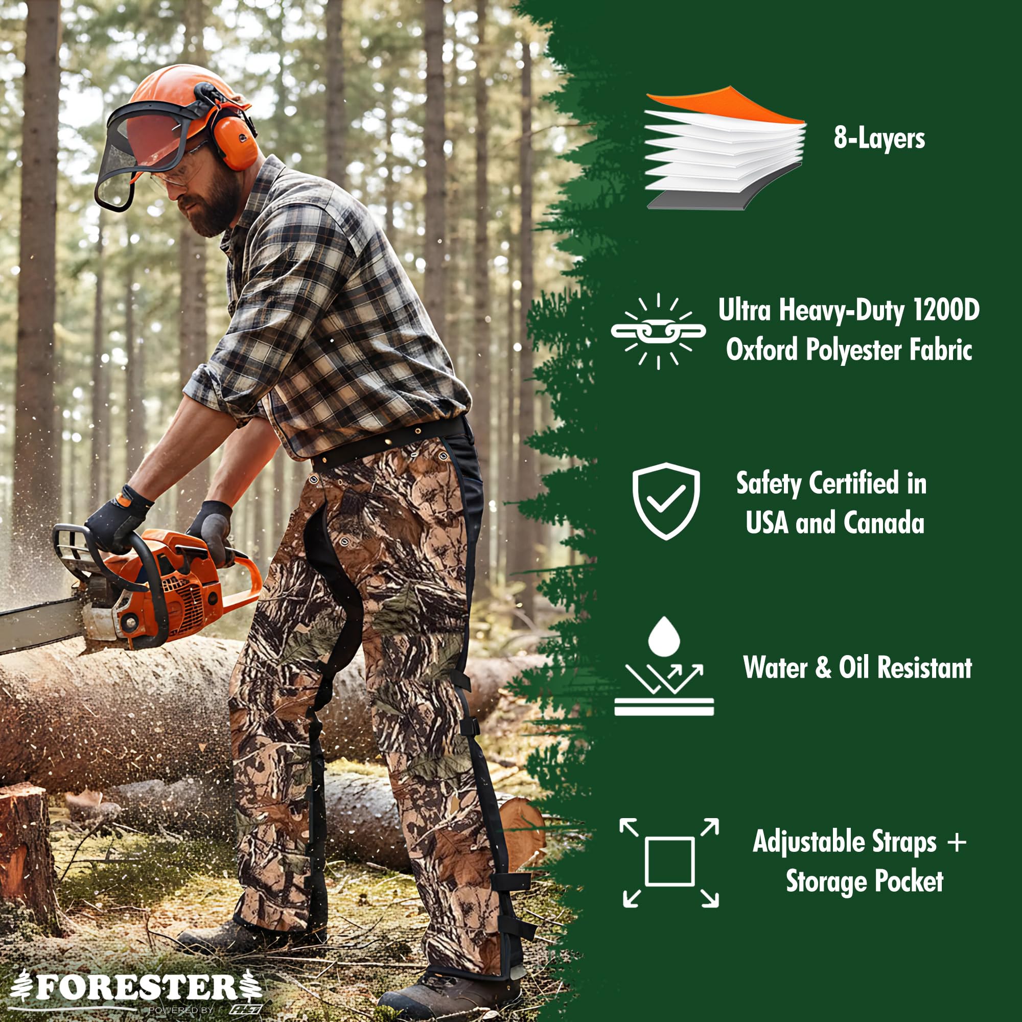 FORESTER Kettensägen-Chaps – Forstwirtschaftliche Kettensägen-Sicherheitsausrüstung, robuste Schürzen-Stil, Chap Hose mit verstellbarem Gürtel und Tasche