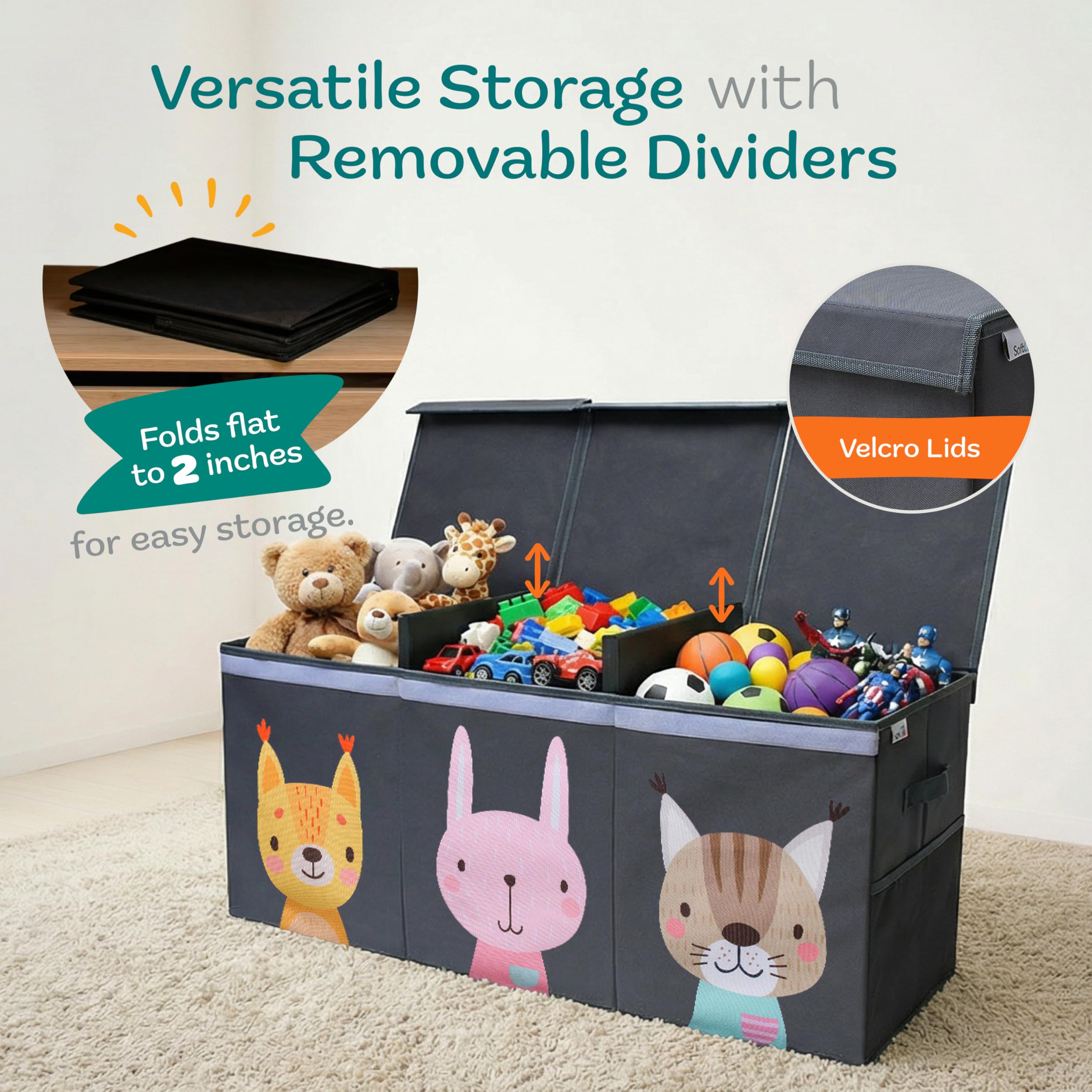 SoftOwl Caja de juguetes extra grande, con tapa, plegable, resistente, organizador de almacenamiento de juguetes, cestas para niños, niñas, guardería, sala de juegos, animales, gris