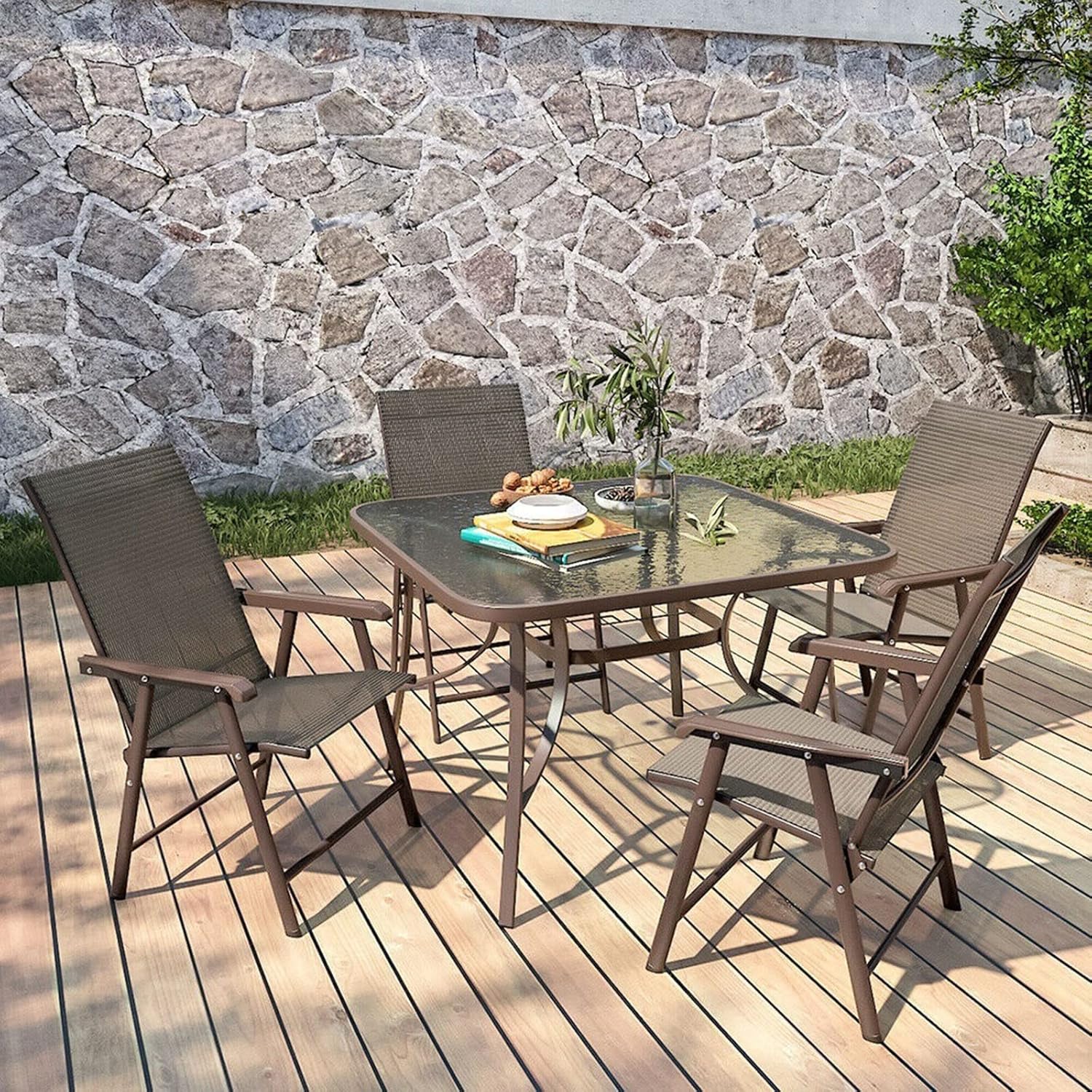 Outdoor Garden Table and 4 Chairs Set Glass Top Bistro Parasol Table