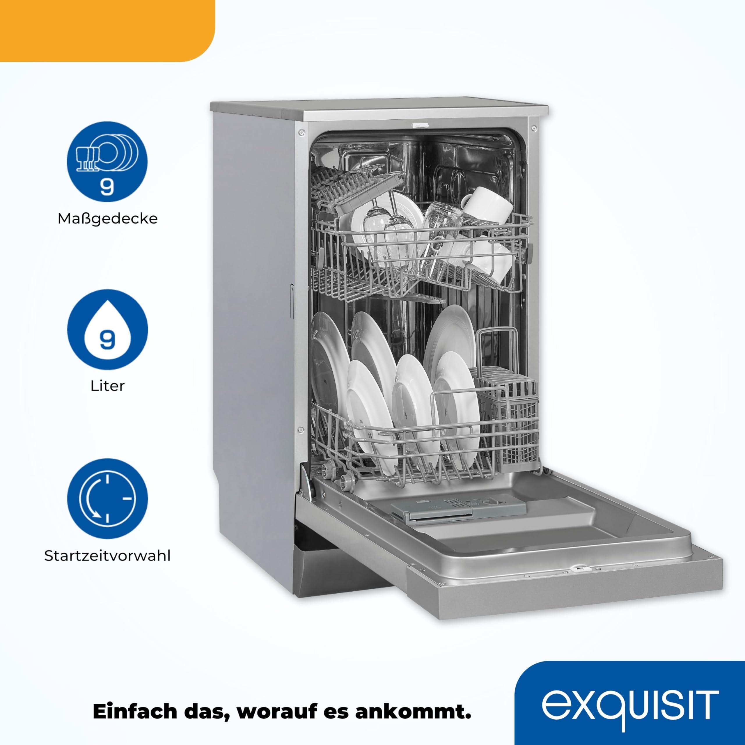 Exquisit GSP9109-030E Geschirrspüler 45 cm Silber Freistehend unterbaufähig 9 Maßgedecke 49 dB leise