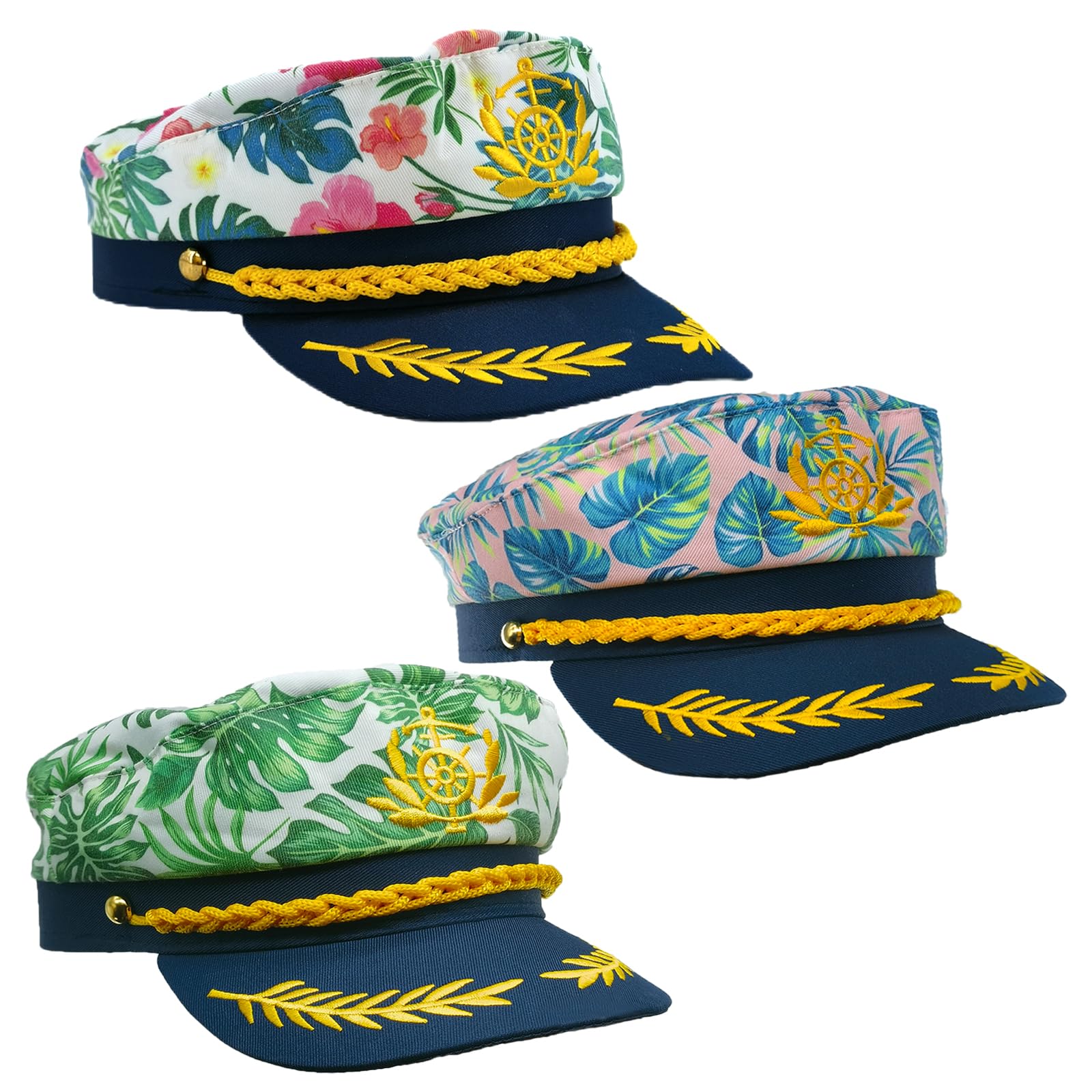 PEWHAUL 3Pcs Embroidered Captain Hats Adult Yacht Sailor Hats Nautical Party Dress Up Hat for Men Women Navy Costume Accessory