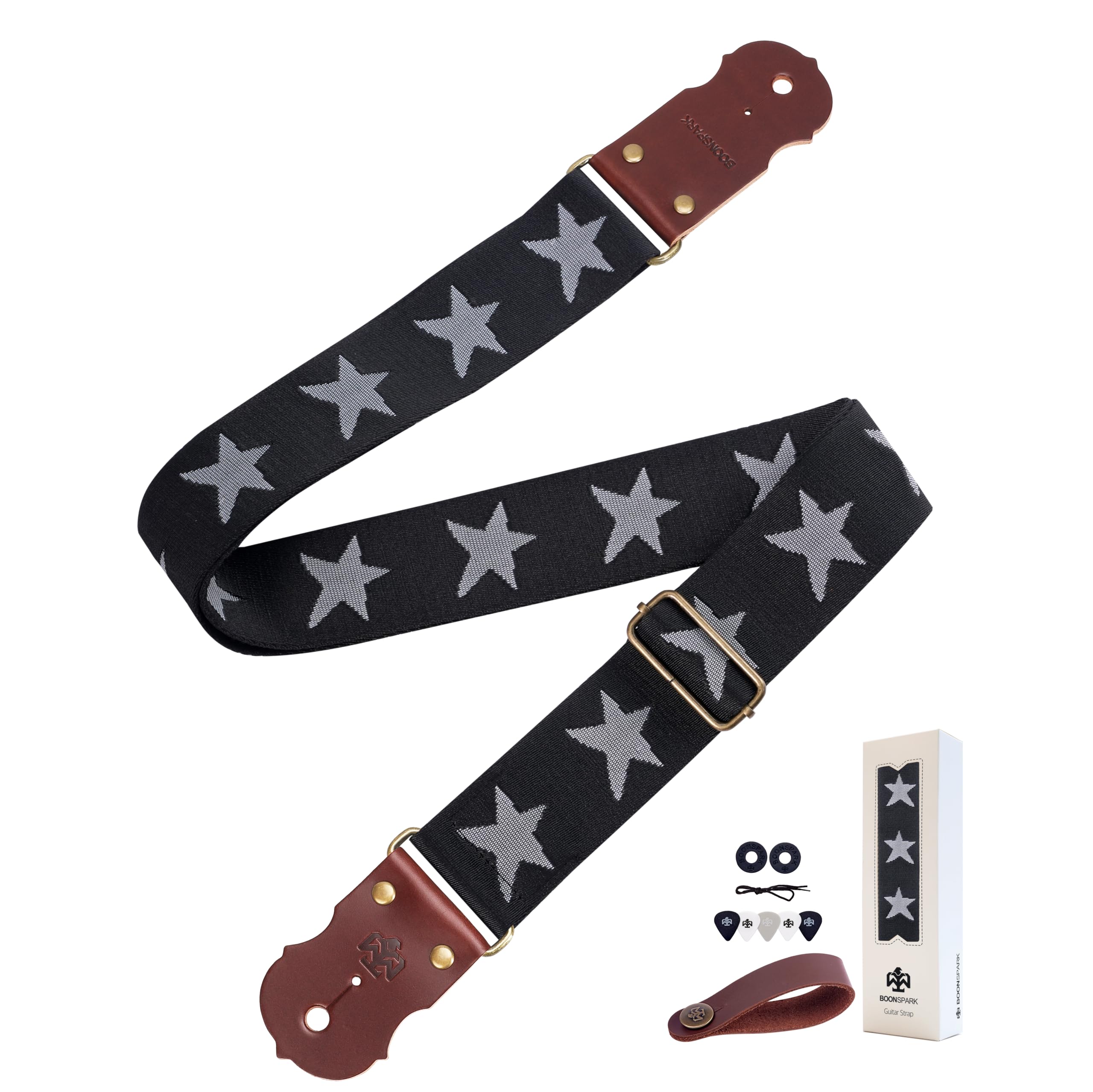Guitar Strap - 2" Wide Thick Real Cowhide Ends,Safety &amp; Durable Guitar Straps with Soft Embroidery Adjustable Strap,Star Pattern