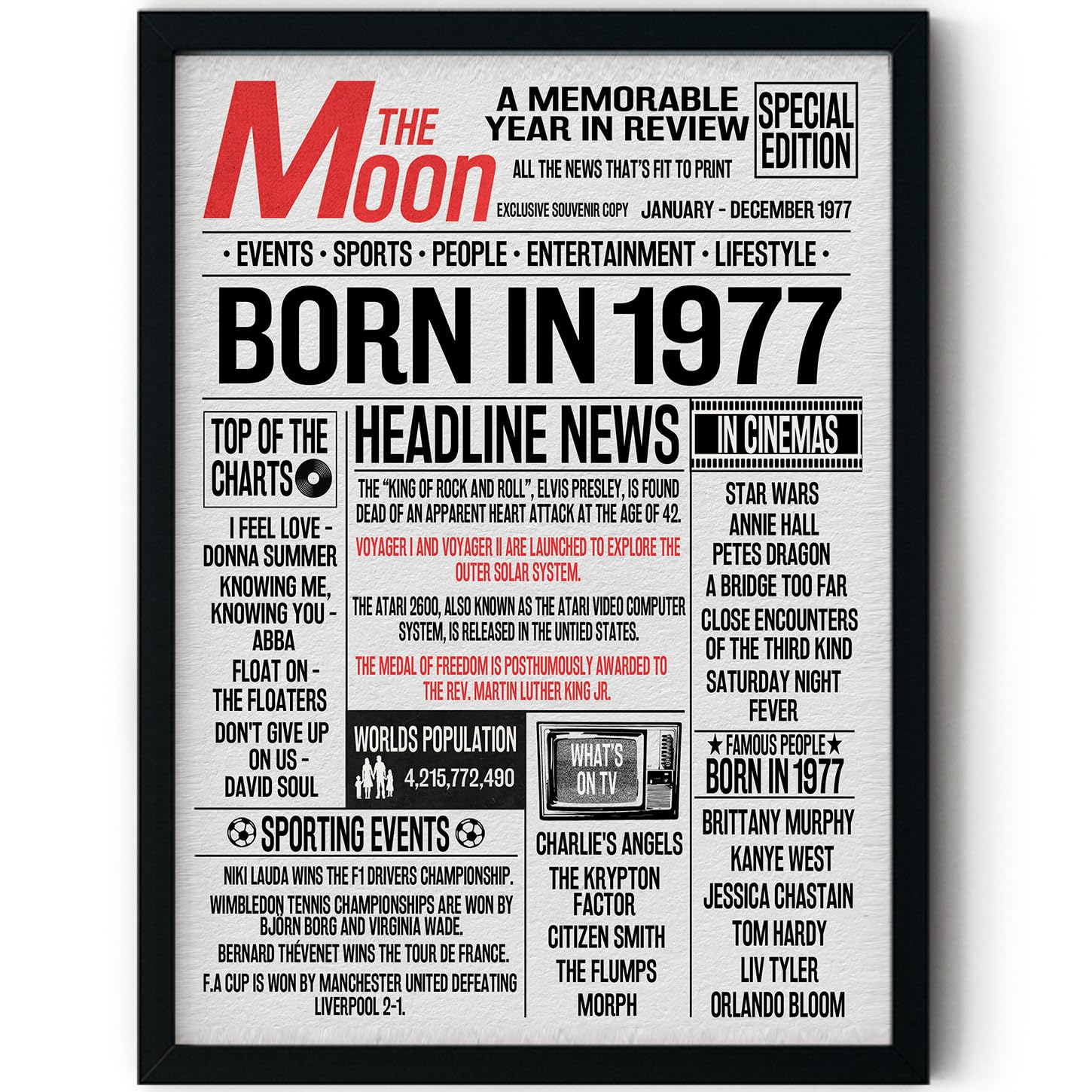 Stuff4 Men's 1977 49Th Birthday Poster Framed - Born In Newspaper - Happy 49Th Birthday Gifts For Wo Vintage Retro Back In 8X10 Inch Bday Party Decor Decoration