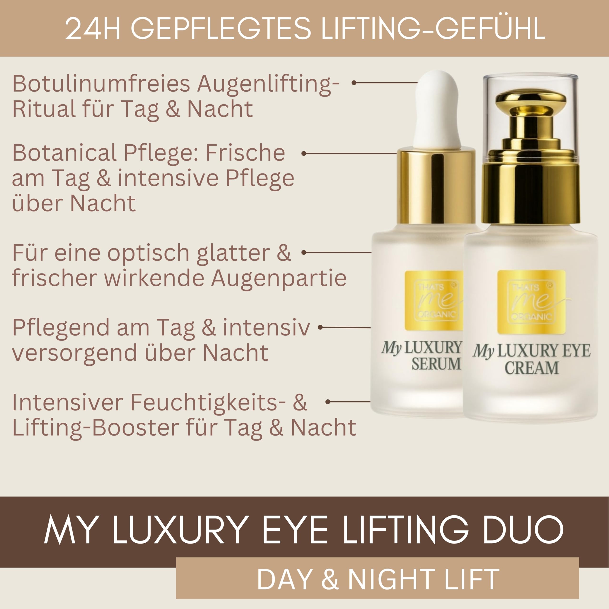 Thats me Organic My Luxury Eye Lifting Duo (2x15ml) – Day & Night Augenserum & Creme Set – Bio Augencreme & Hyaluron Serum – Lifting mit Sofort-Effekt – Vegan & Bio-zertifizierte Naturkosmetik