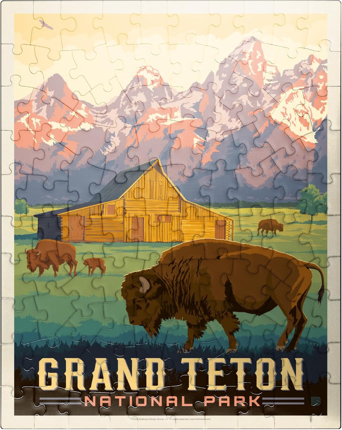 MyPuzzle Grand Teton National Park: Bison & Barn, Vintage Poster - Premium 500 Piece Jigsaw Puzzle for Adults