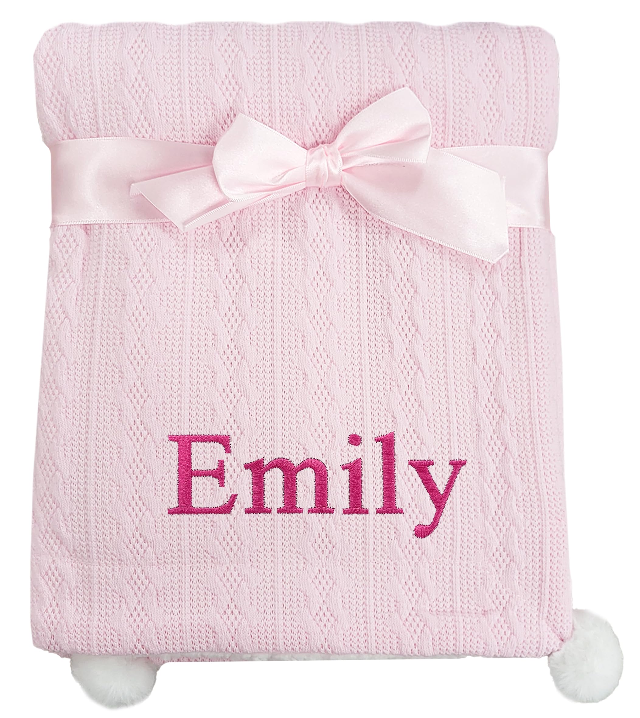 Baby Boy Girl Personalised Knitted Pom Pom Blanket Embroidered Name (Pink)